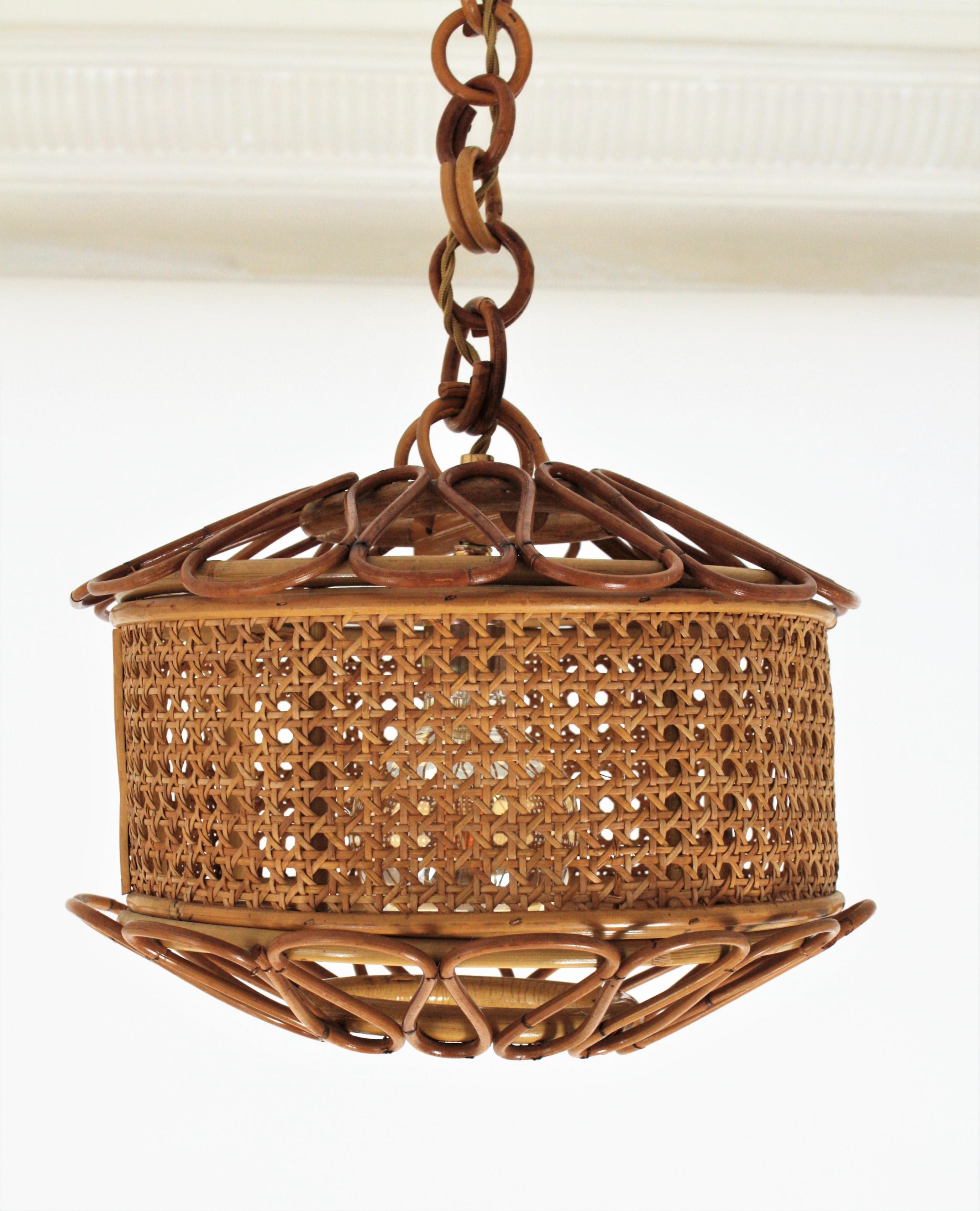 Mid-Century Modern Italian Modernist Wicker Wire and Rattan Pendant Hanging Light, 1950s