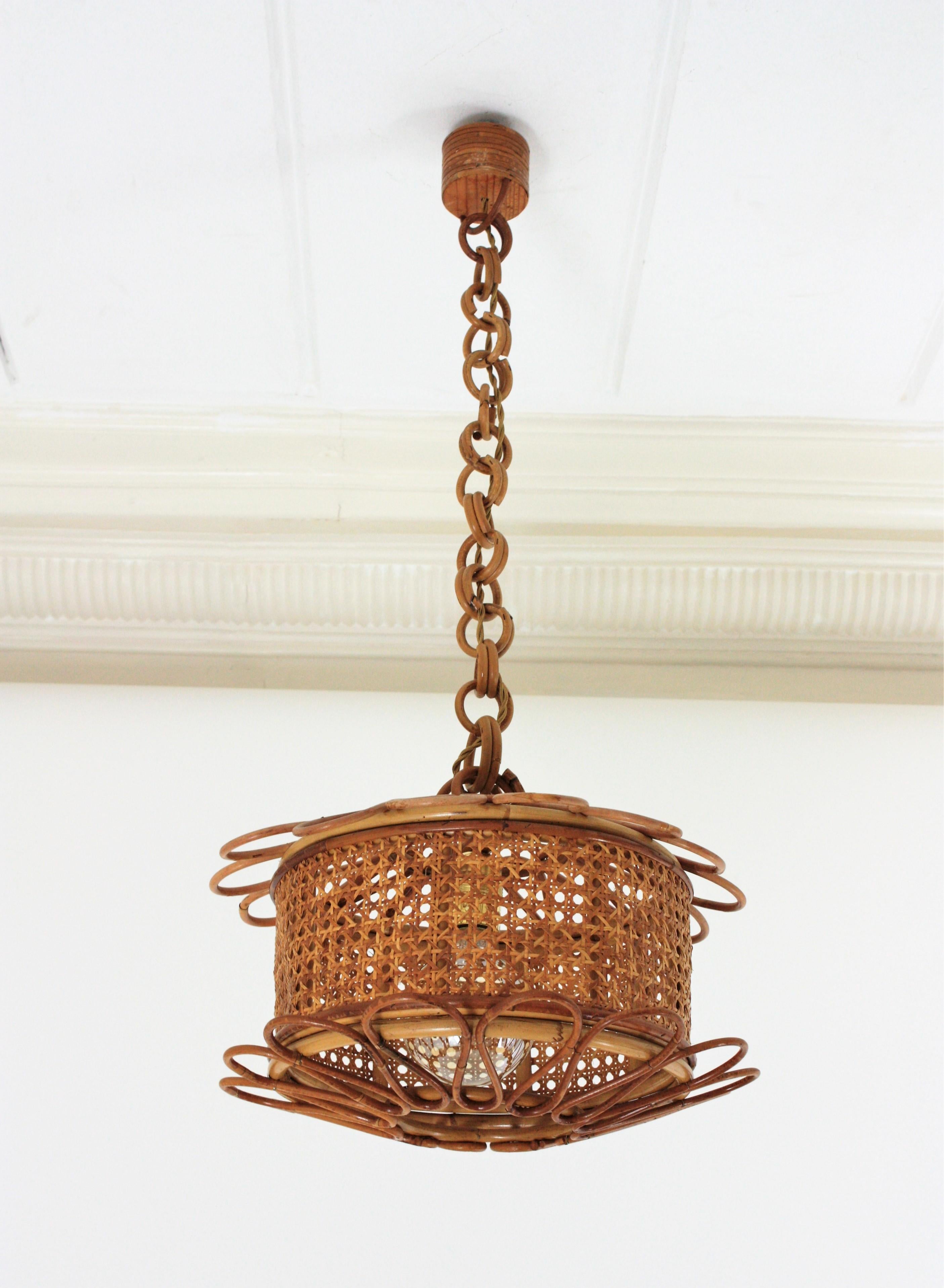 Woven Italian Modernist Wicker Wire and Rattan Pendant Hanging Light, 1950s
