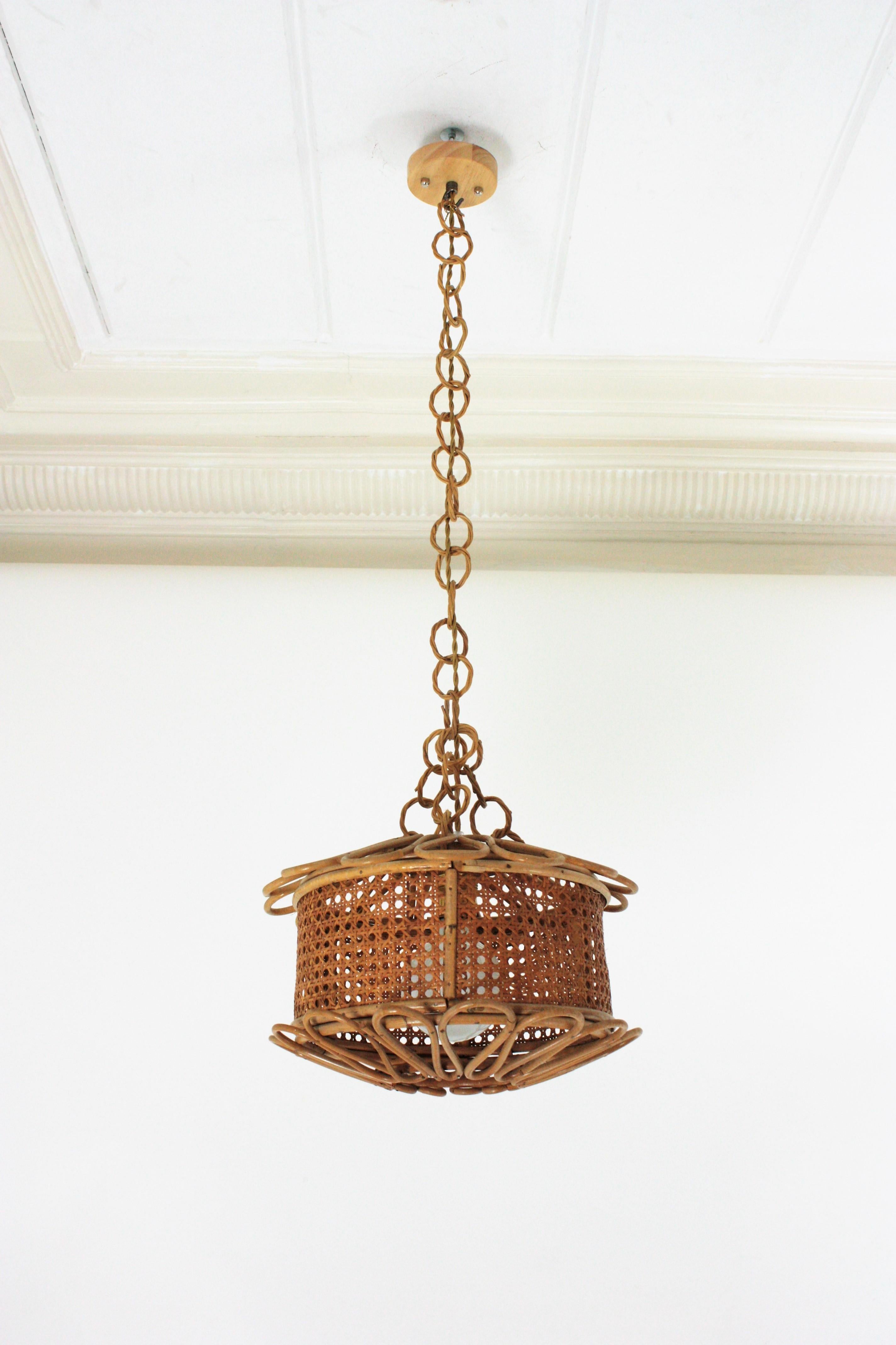 Woven Italian Modernist Wicker Wire and Rattan Pendant Hanging Light, 1950s