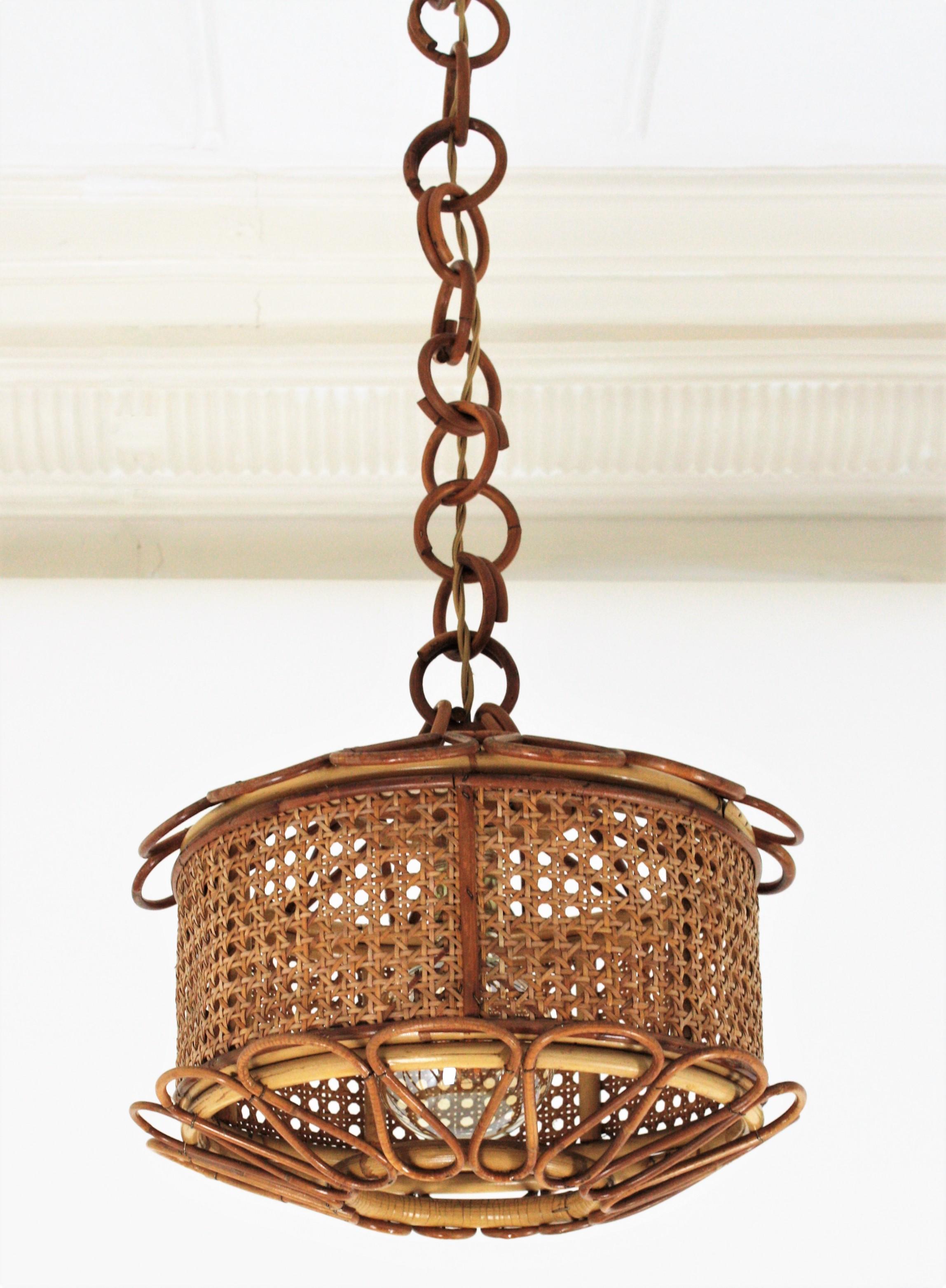 20th Century Italian Modernist Wicker Wire and Rattan Pendant Hanging Light, 1950s