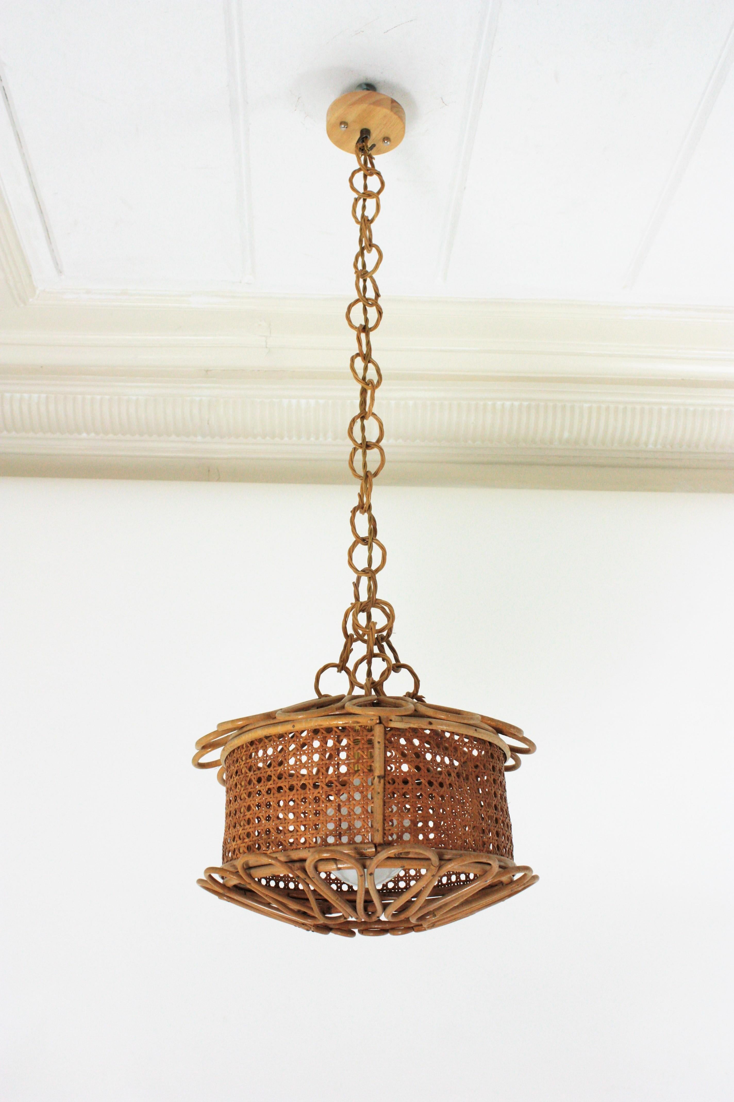 20th Century Italian Modernist Wicker Wire and Rattan Pendant Hanging Light, 1950s