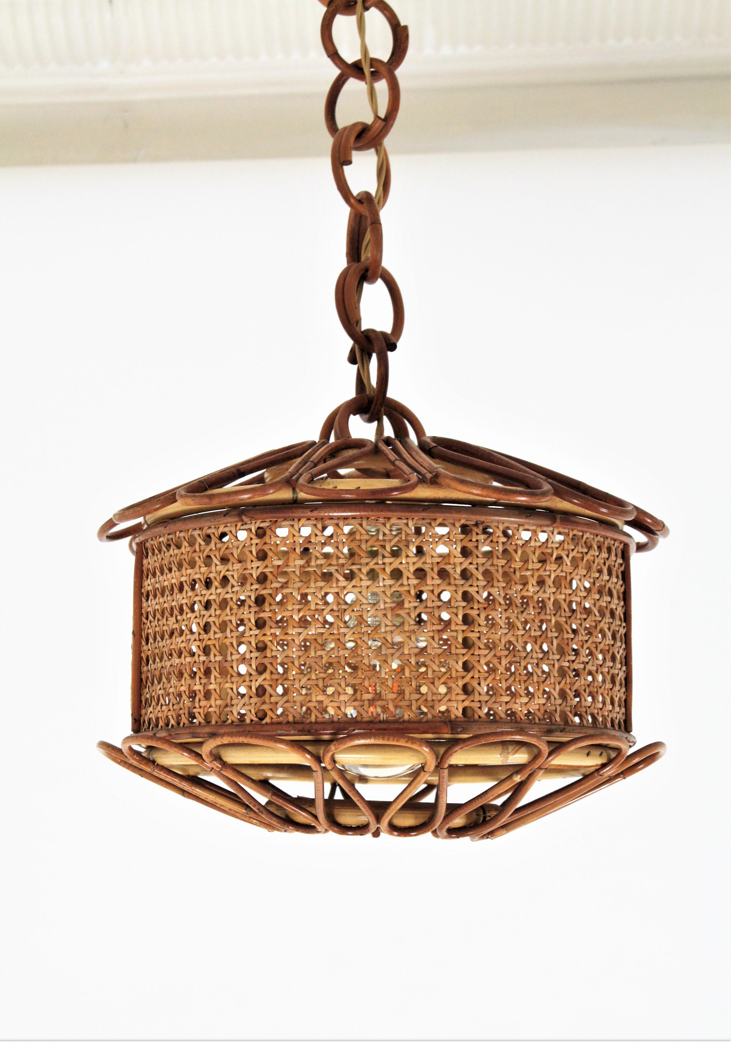 Cane Italian Modernist Wicker Wire and Rattan Pendant Hanging Light, 1950s