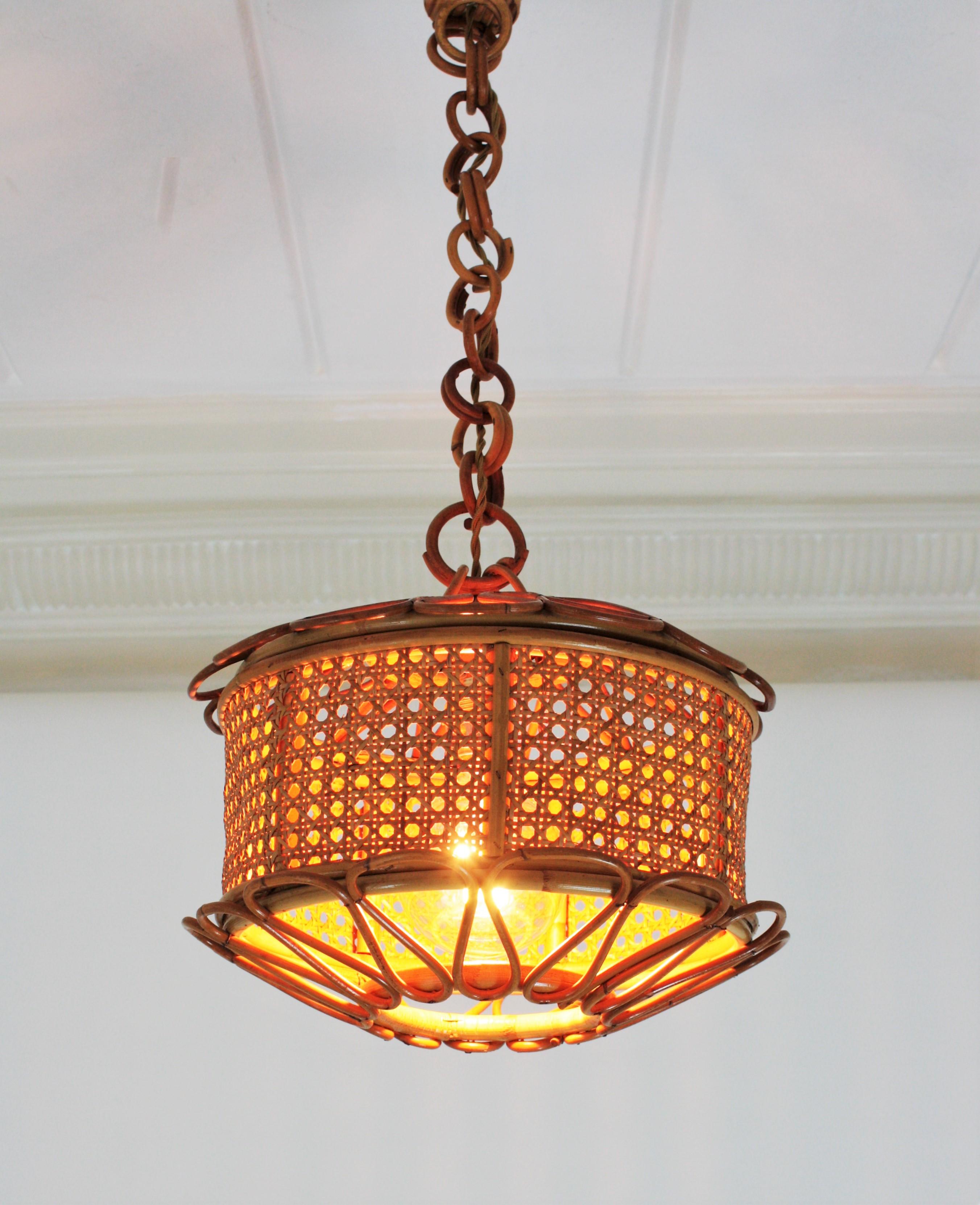 Cane Italian Modernist Wicker Wire and Rattan Pendant Hanging Light, 1950s