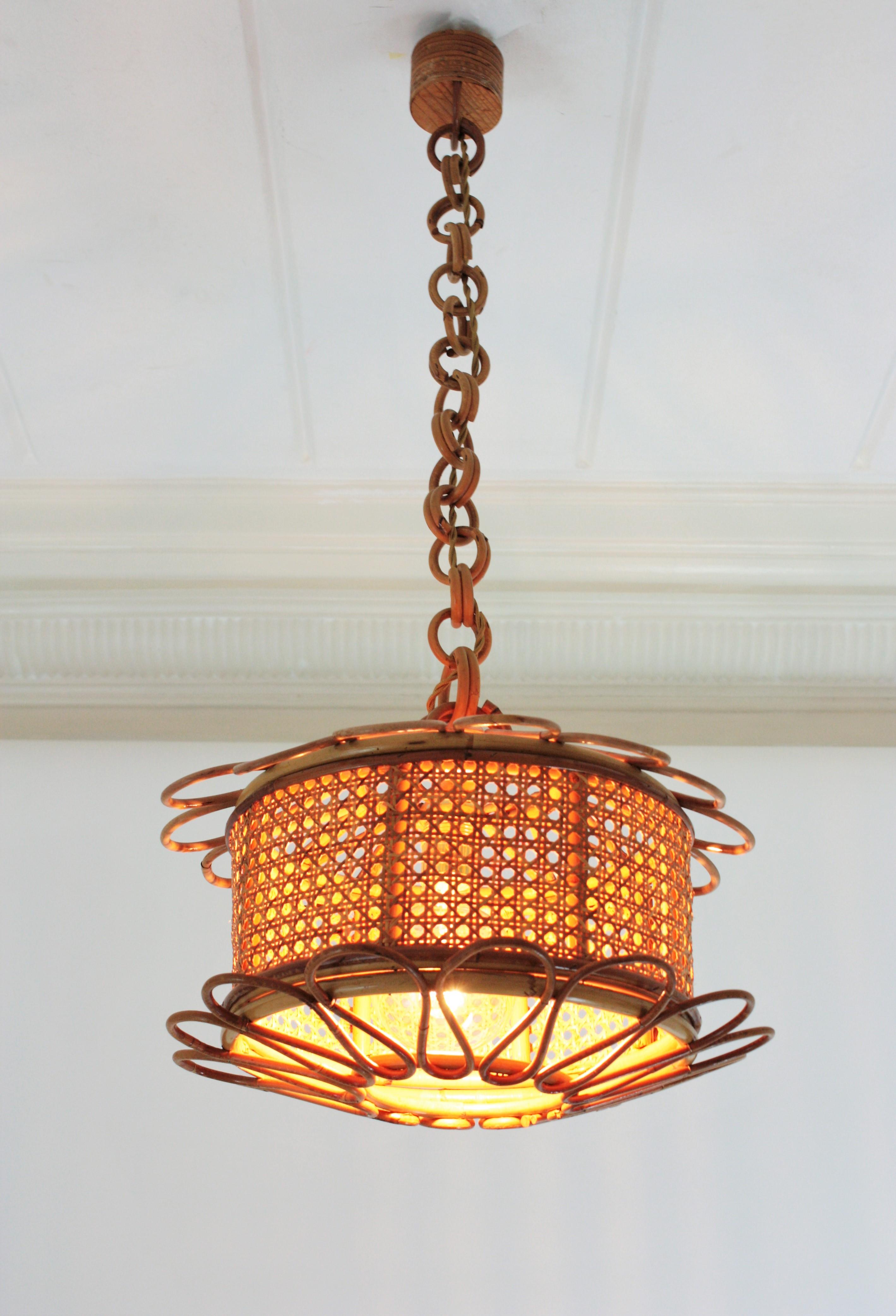 Italian Modernist Wicker Wire and Rattan Pendant Hanging Light, 1950s 1