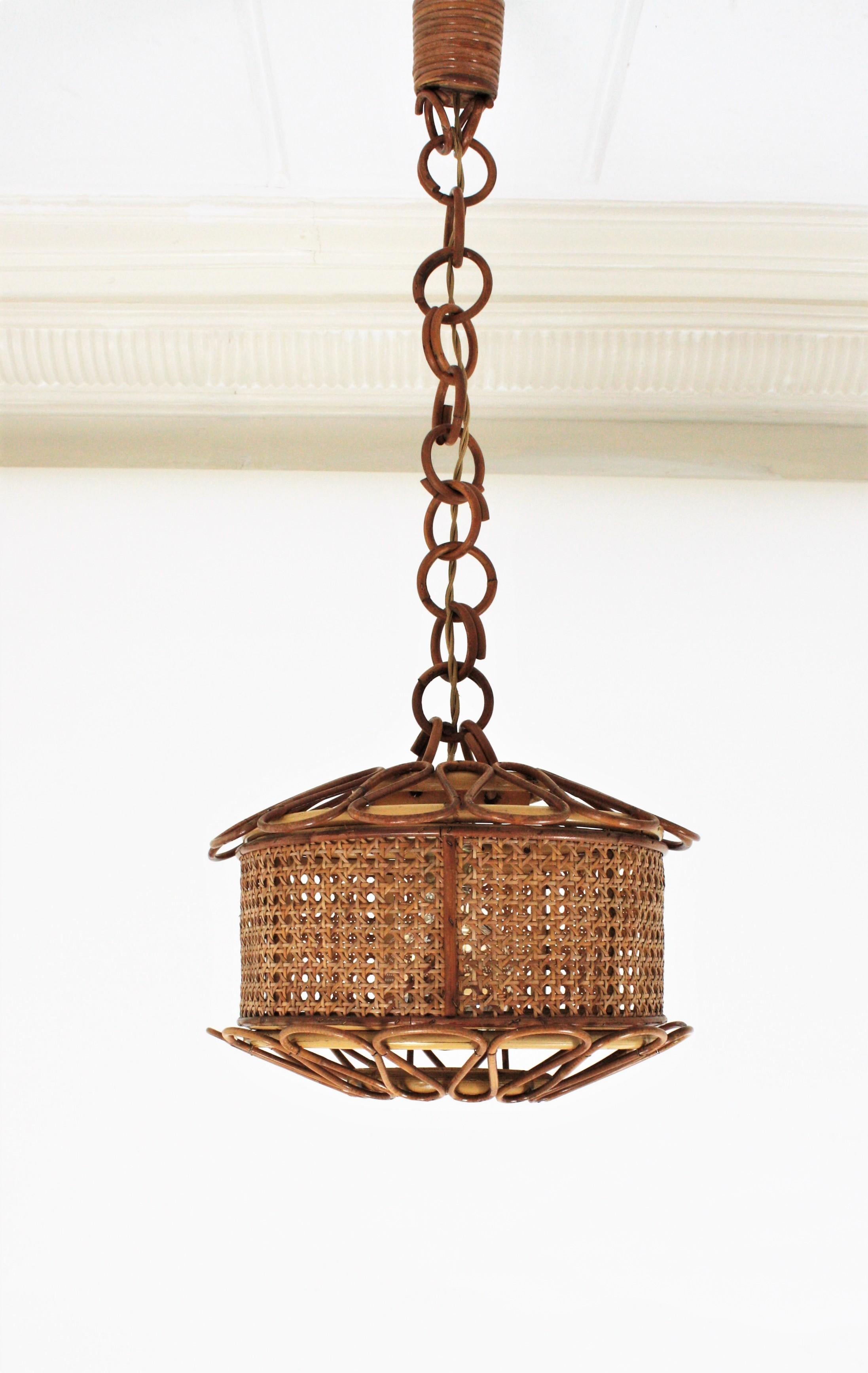 Italian Modernist Wicker Wire and Rattan Pendant Hanging Light, 1950s 1