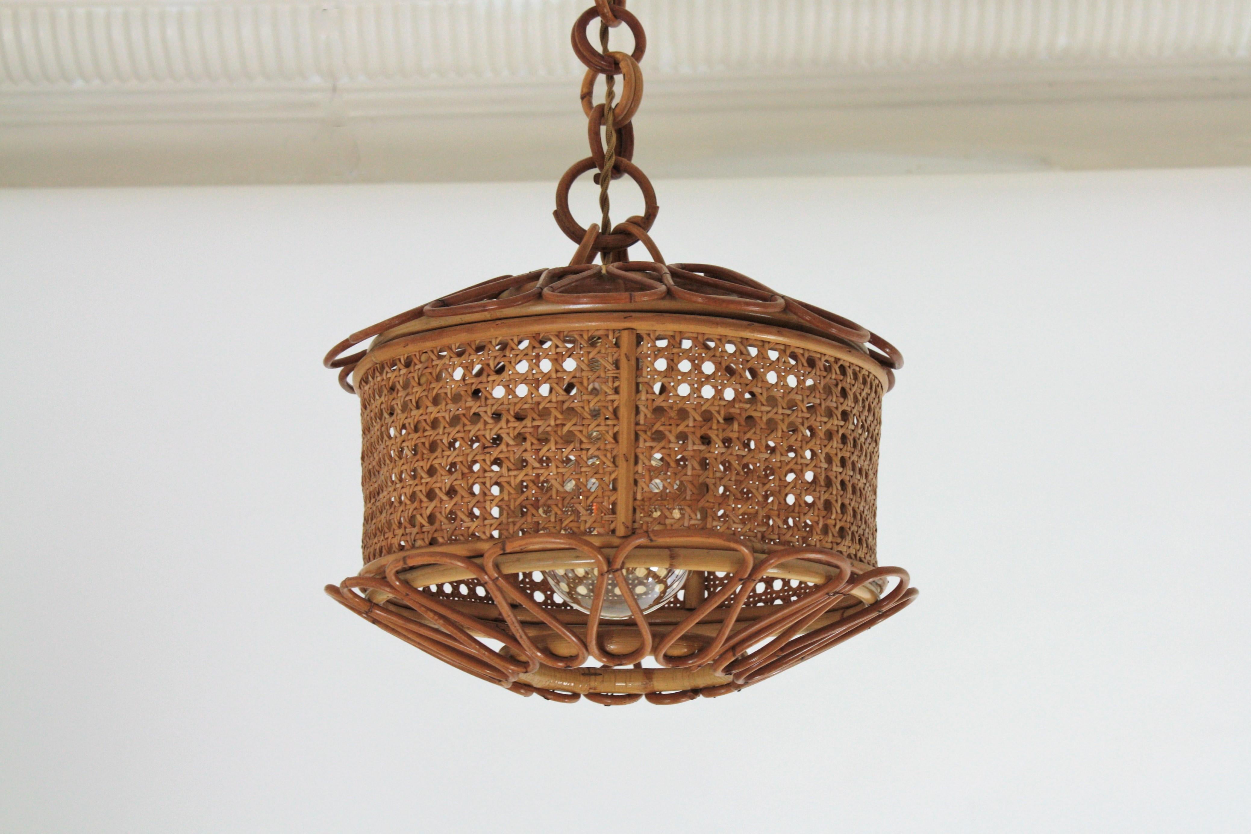 Italian Modernist Wicker Wire and Rattan Pendant Hanging Light, 1950s 1