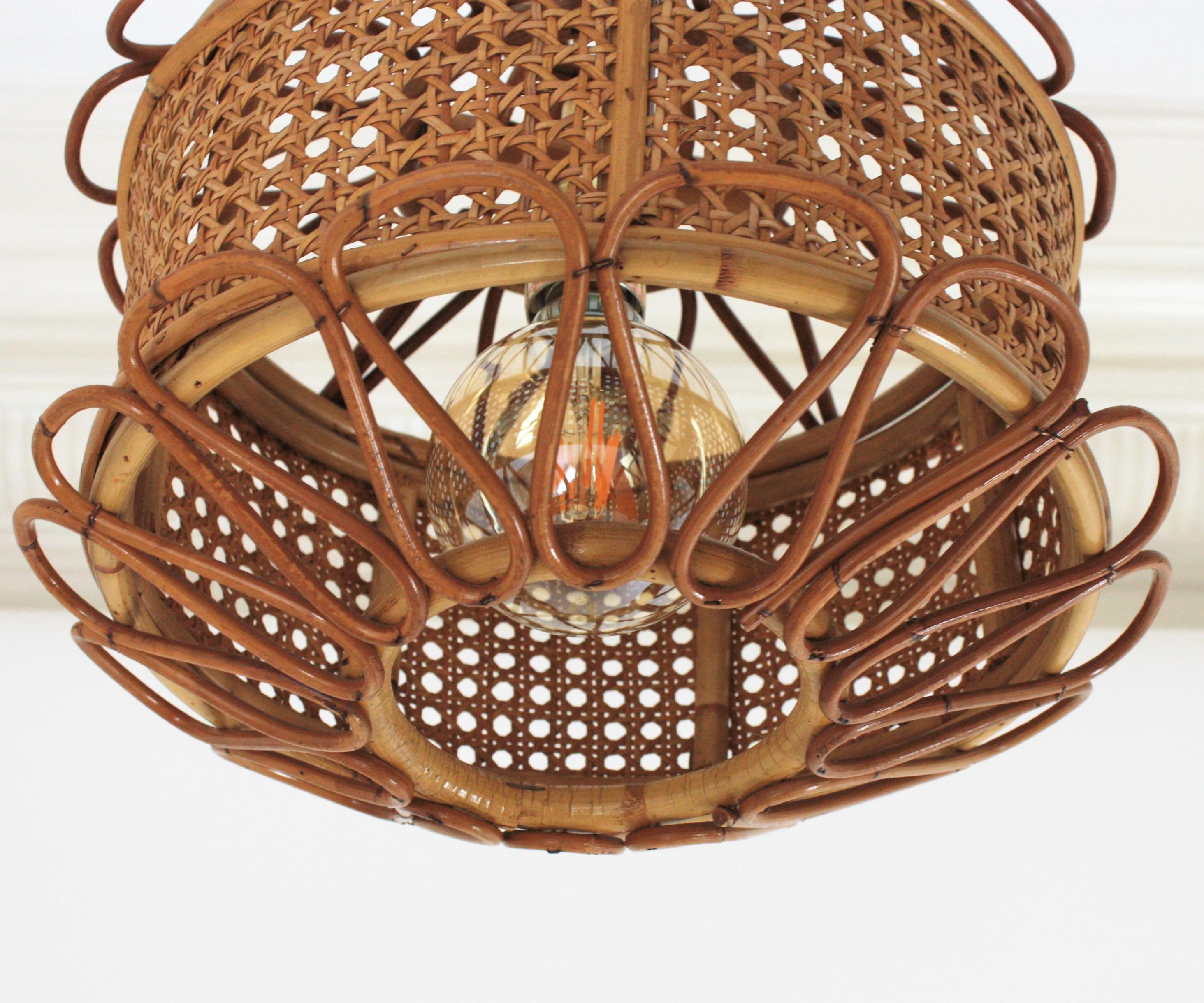 Italian Modernist Wicker Wire and Rattan Pendant Hanging Light, 1950s 2