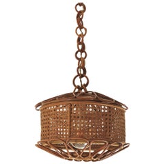 Retro Italian Modernist Wicker Wire and Rattan Pendant Hanging Light, 1950s