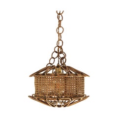Vintage Italian Modernist Wicker Wire and Rattan Pendant Hanging Light, 1950s