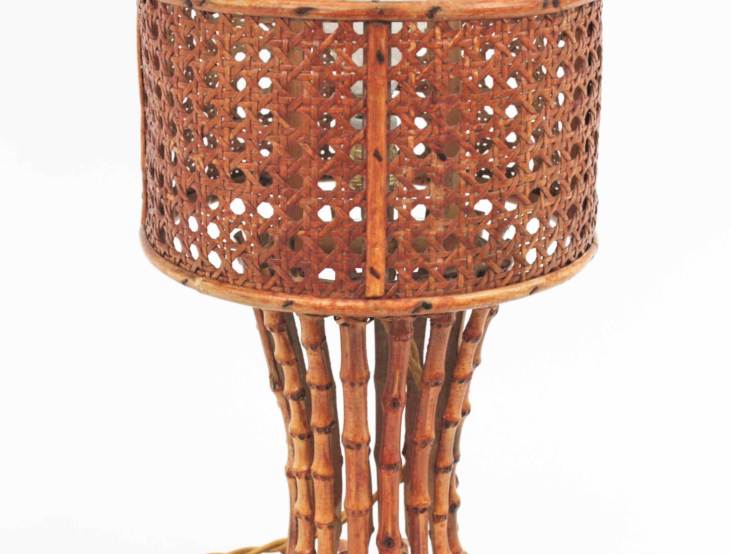 20th Century Italian Modernist Wicker Wire Rattan and Bamboo Table Lamp For Sale