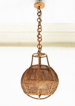 Italian Modernist Wicker Wire and Rattan Globe Pendant / Hanging Light, 1950s