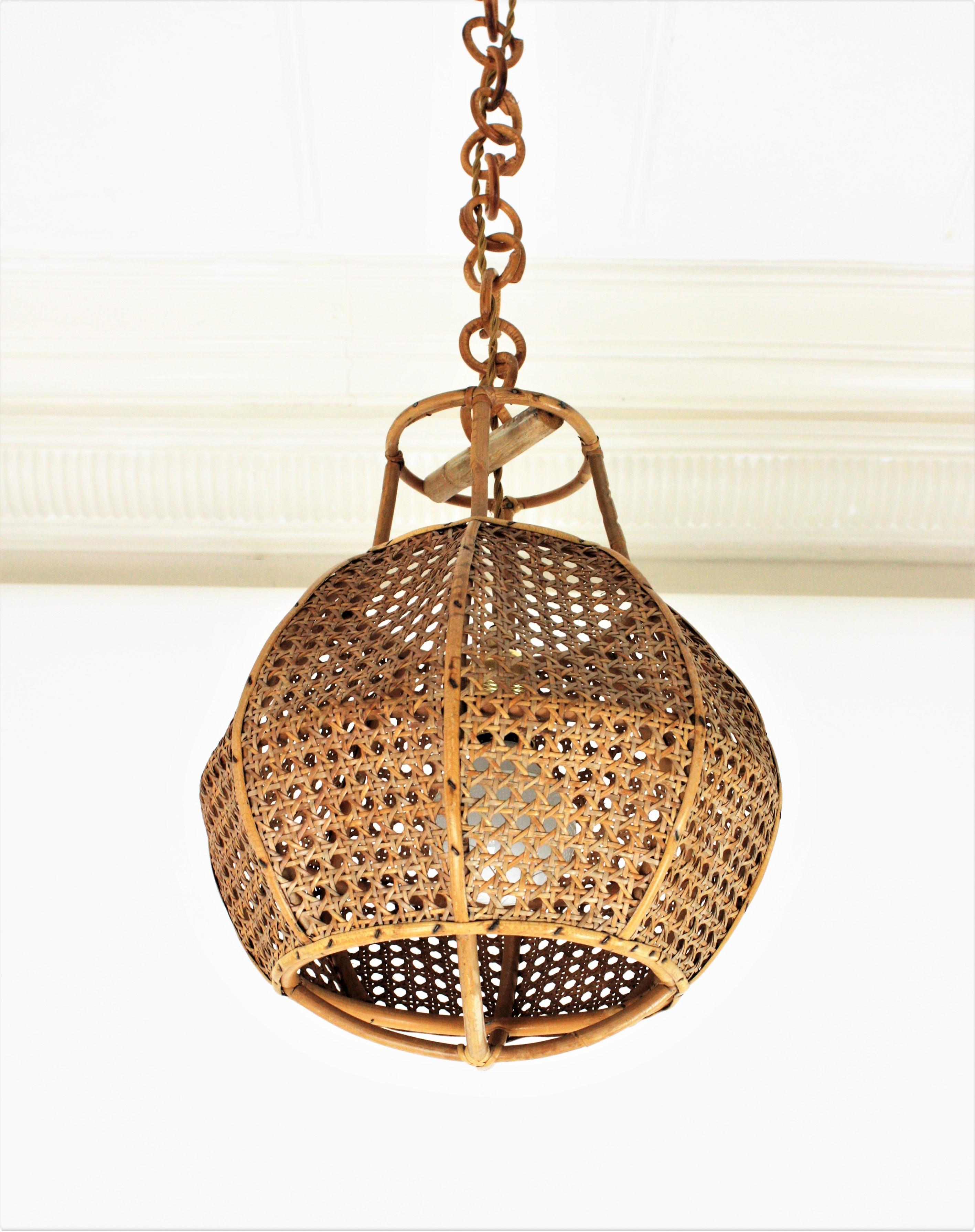 20th Century Italian Modernist Wicker Wire and Rattan Globe Pendant / Hanging Light, 1950s