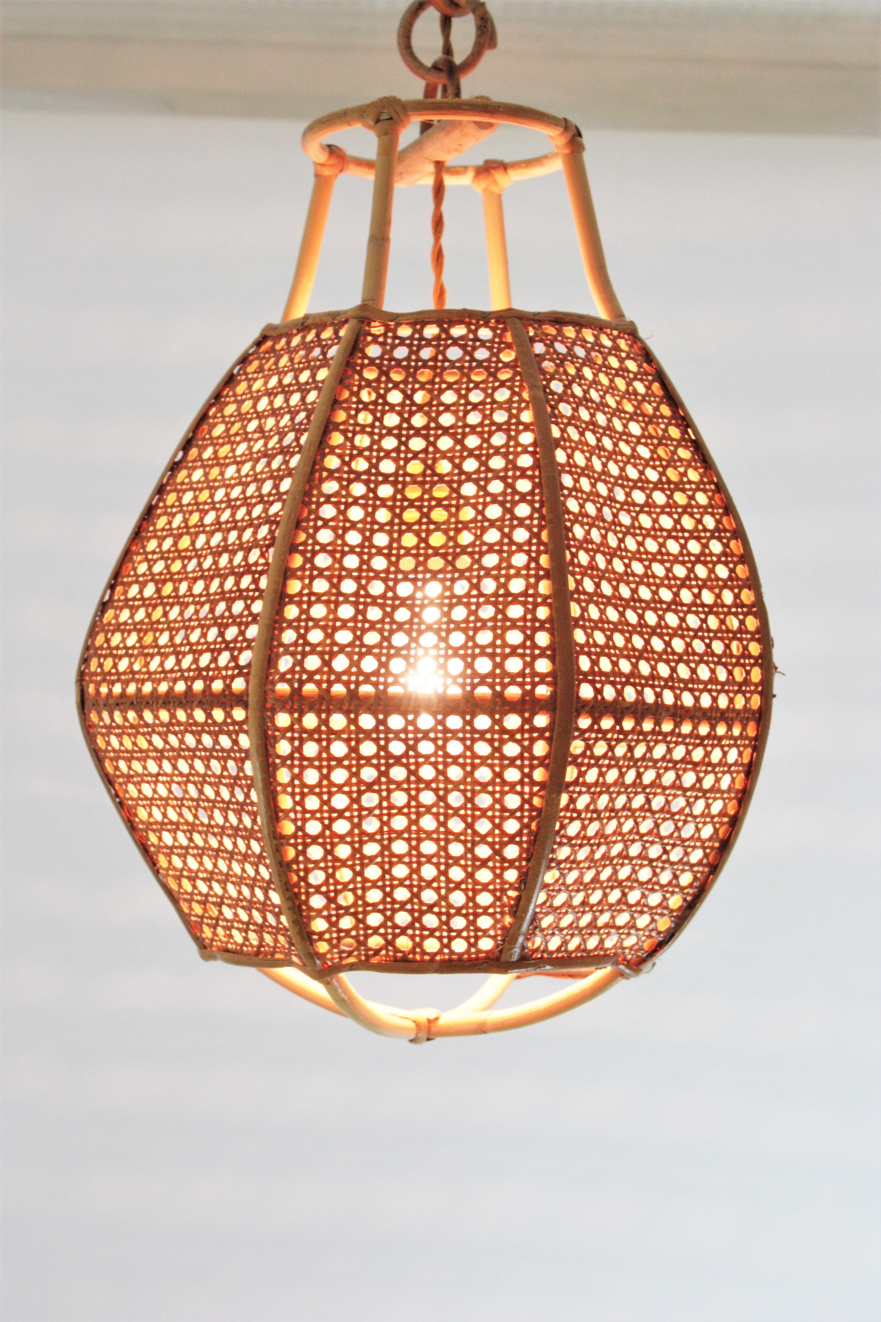 Italian Modernist Wicker Wire Rattan Globe Pendant Hanging Light 3