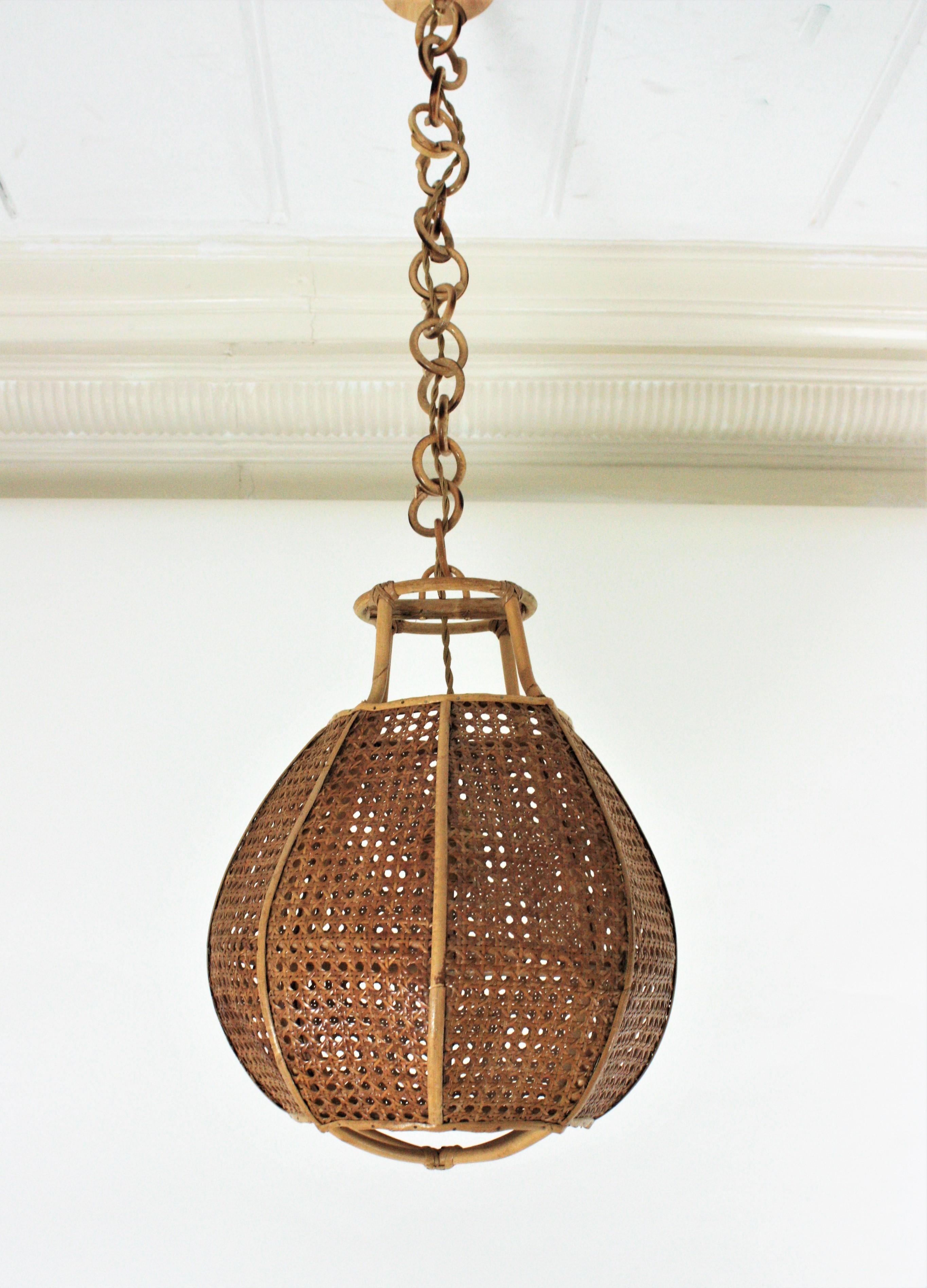 Italian Modernist Wicker Wire Rattan Globe Pendant Hanging Light For Sale 3
