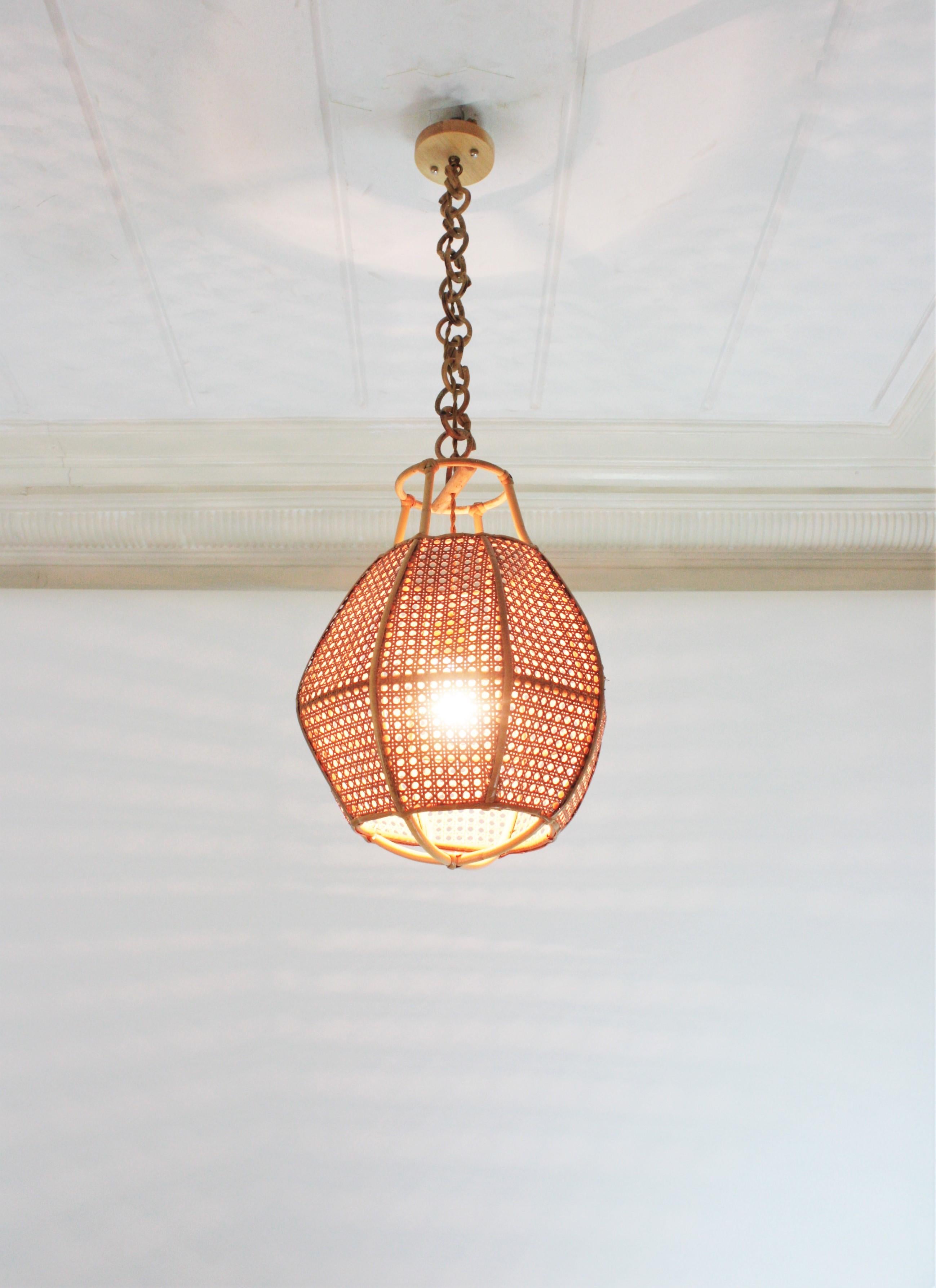 Italian Modernist Wicker Wire Rattan Globe Pendant Hanging Light 4