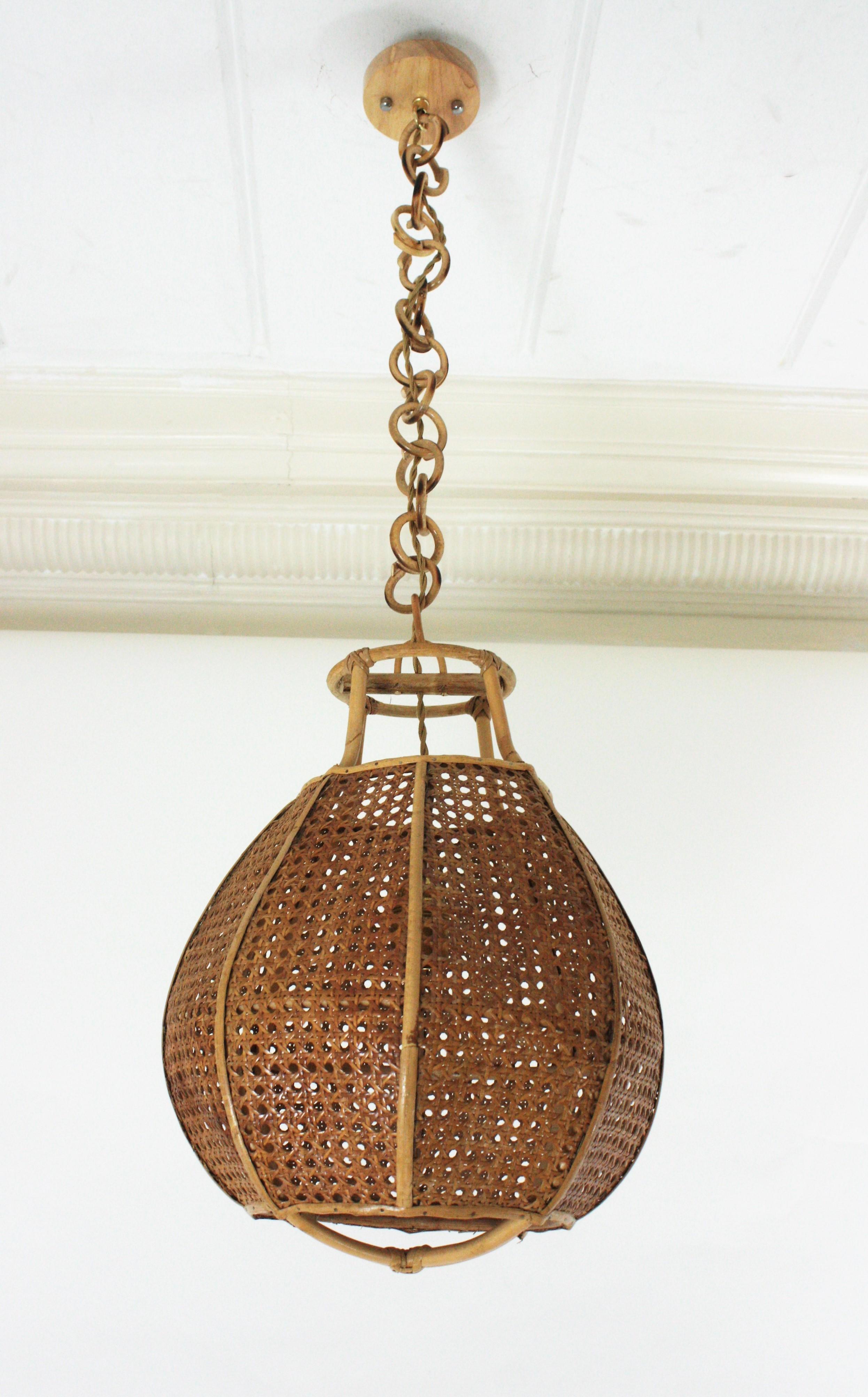 Italian Modernist Wicker Wire Rattan Globe Pendant Hanging Light For Sale 4