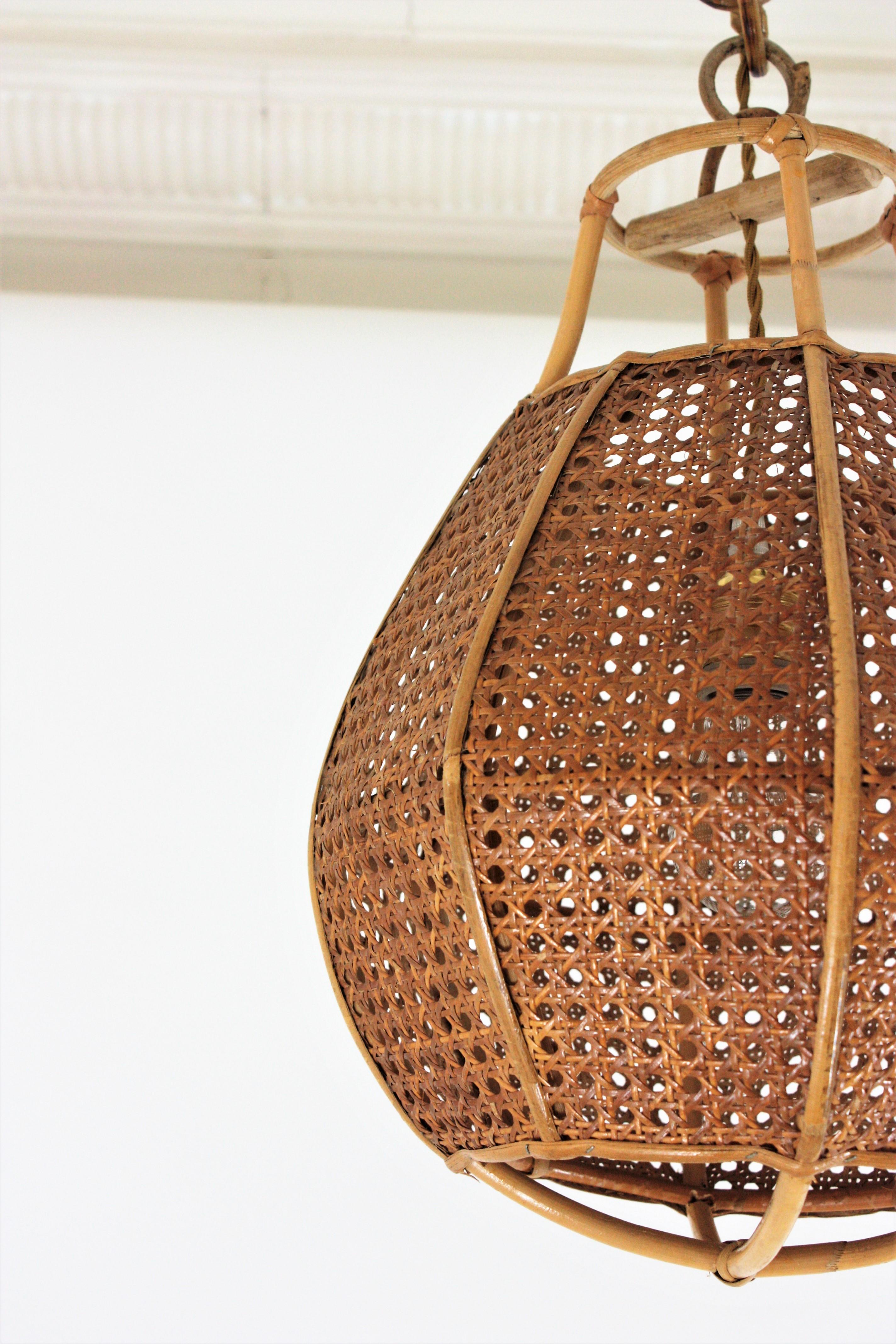 Italian Modernist Wicker Wire Rattan Globe Pendant Hanging Light 5