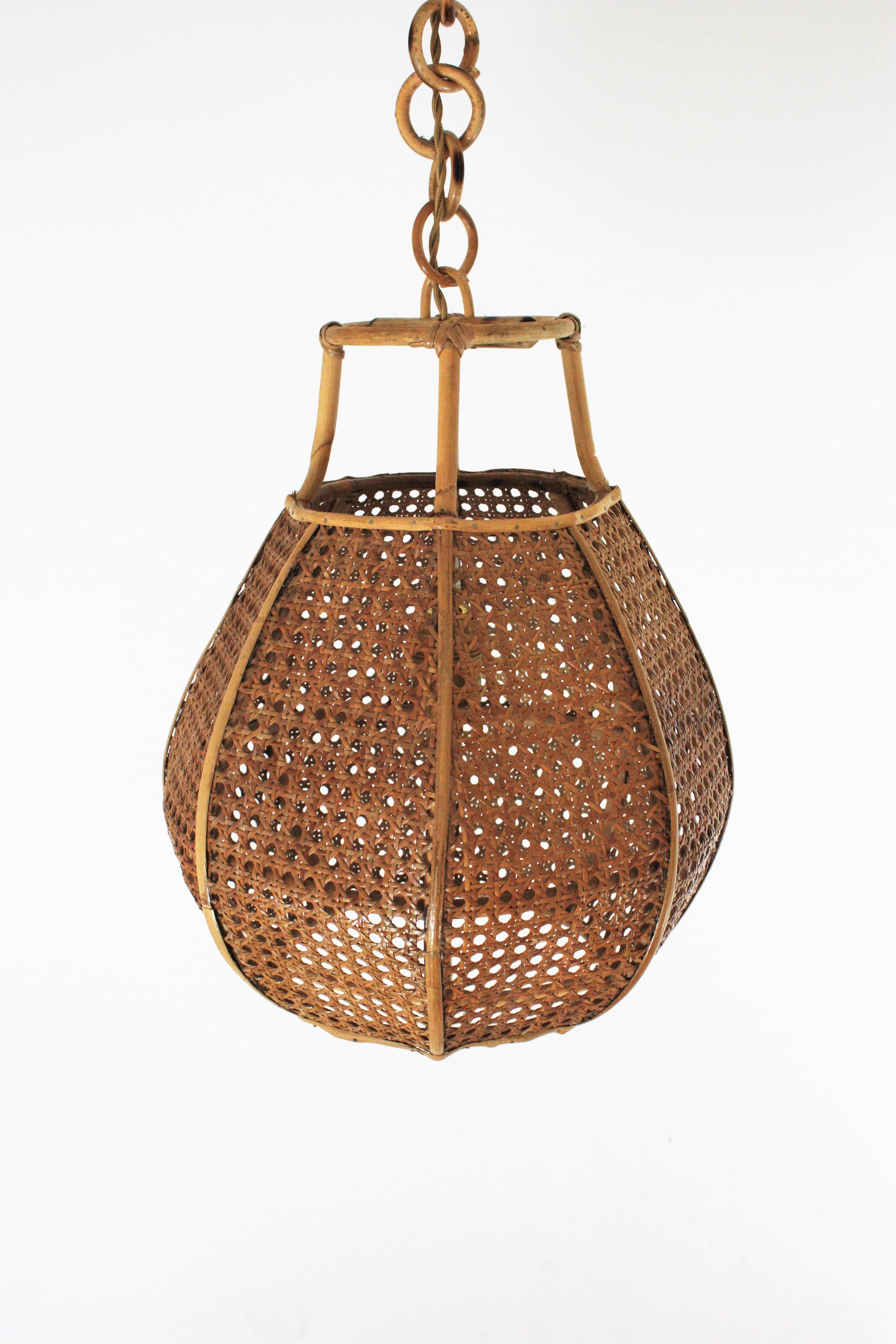 Italian Modernist Wicker Wire Rattan Globe Pendant Hanging Light For Sale 7