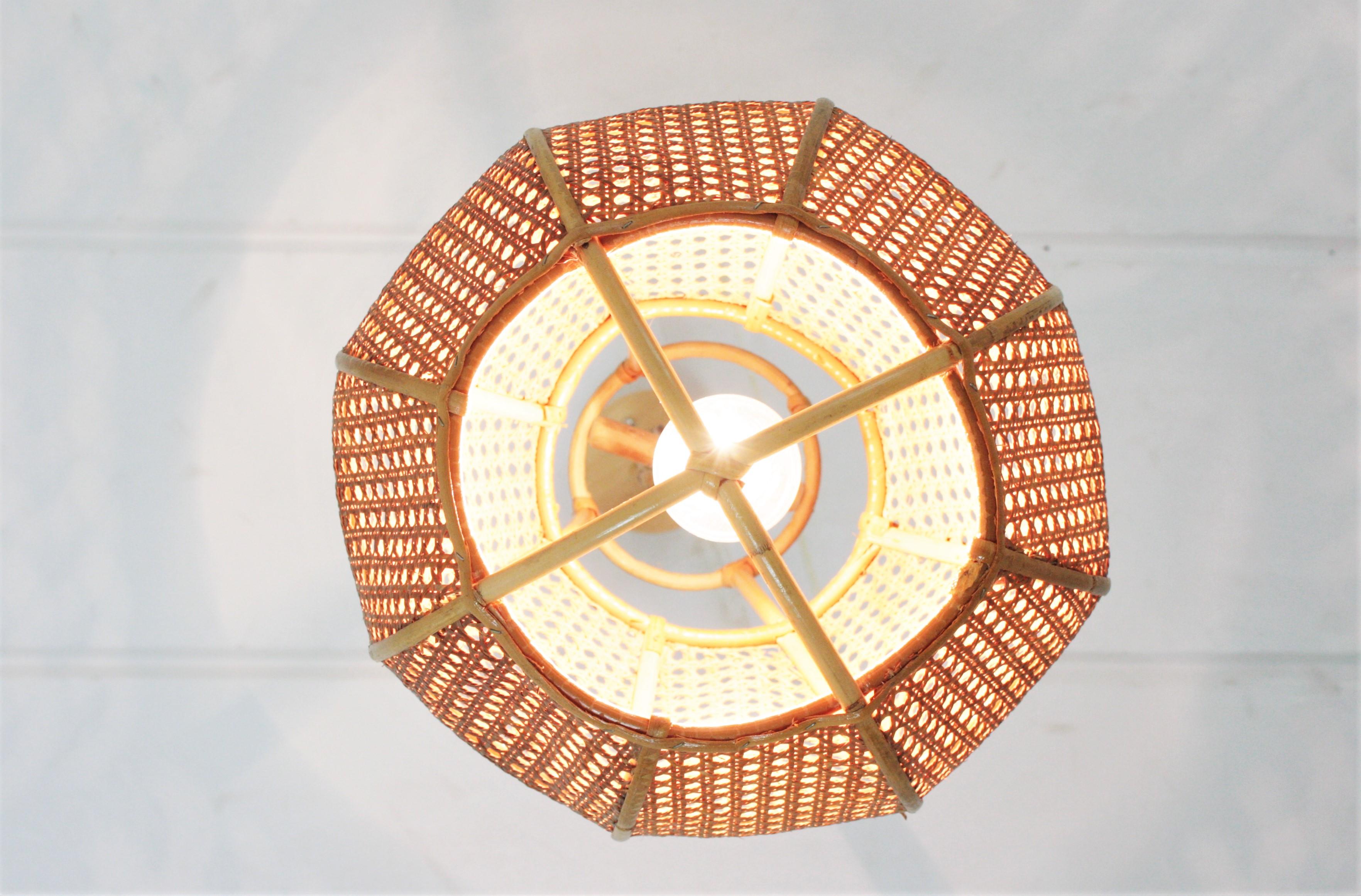 Italian Modernist Wicker Wire Rattan Globe Pendant Hanging Light 7