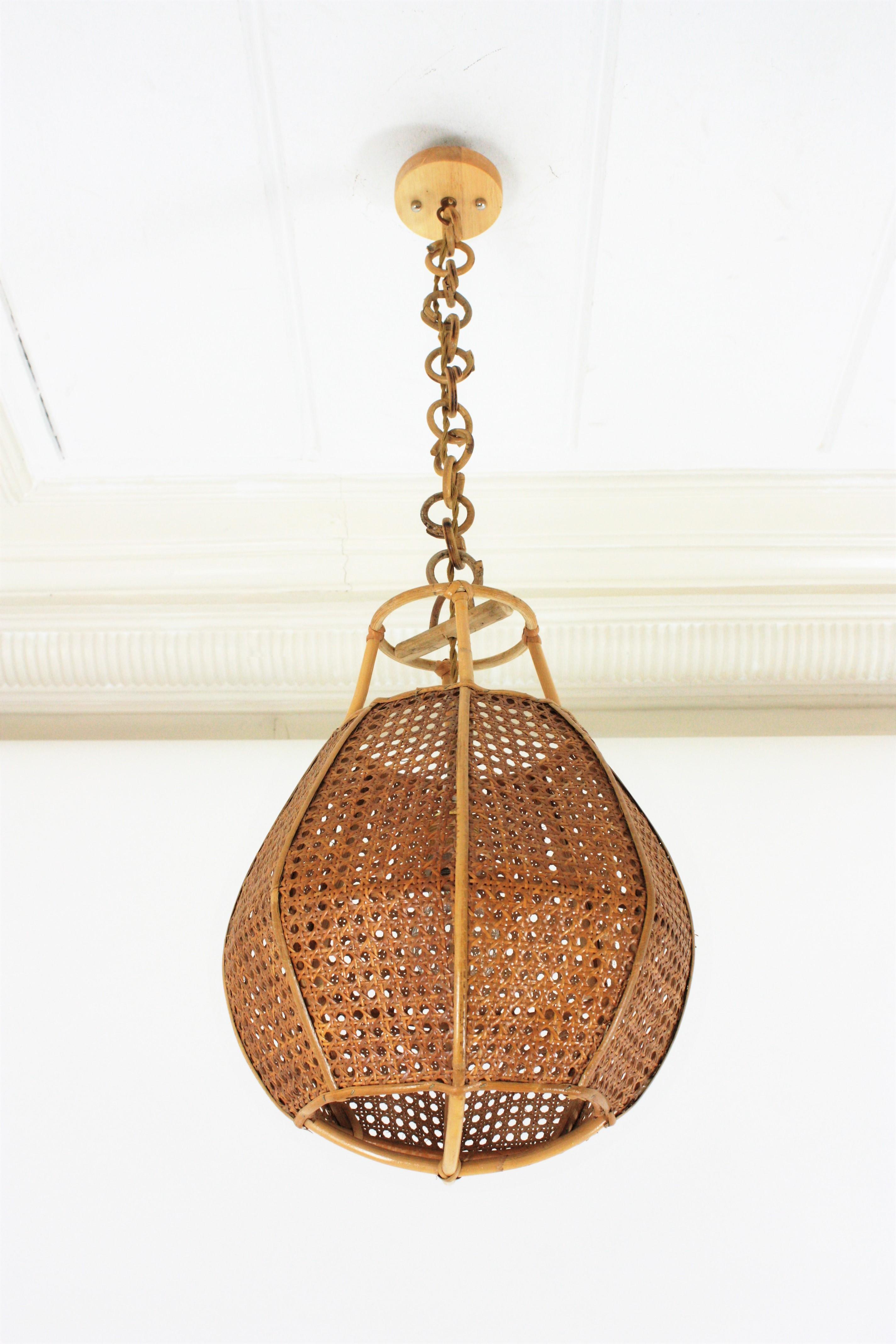 Mid-Century Modern Italian Modernist Wicker Wire Rattan Globe Pendant Hanging Light