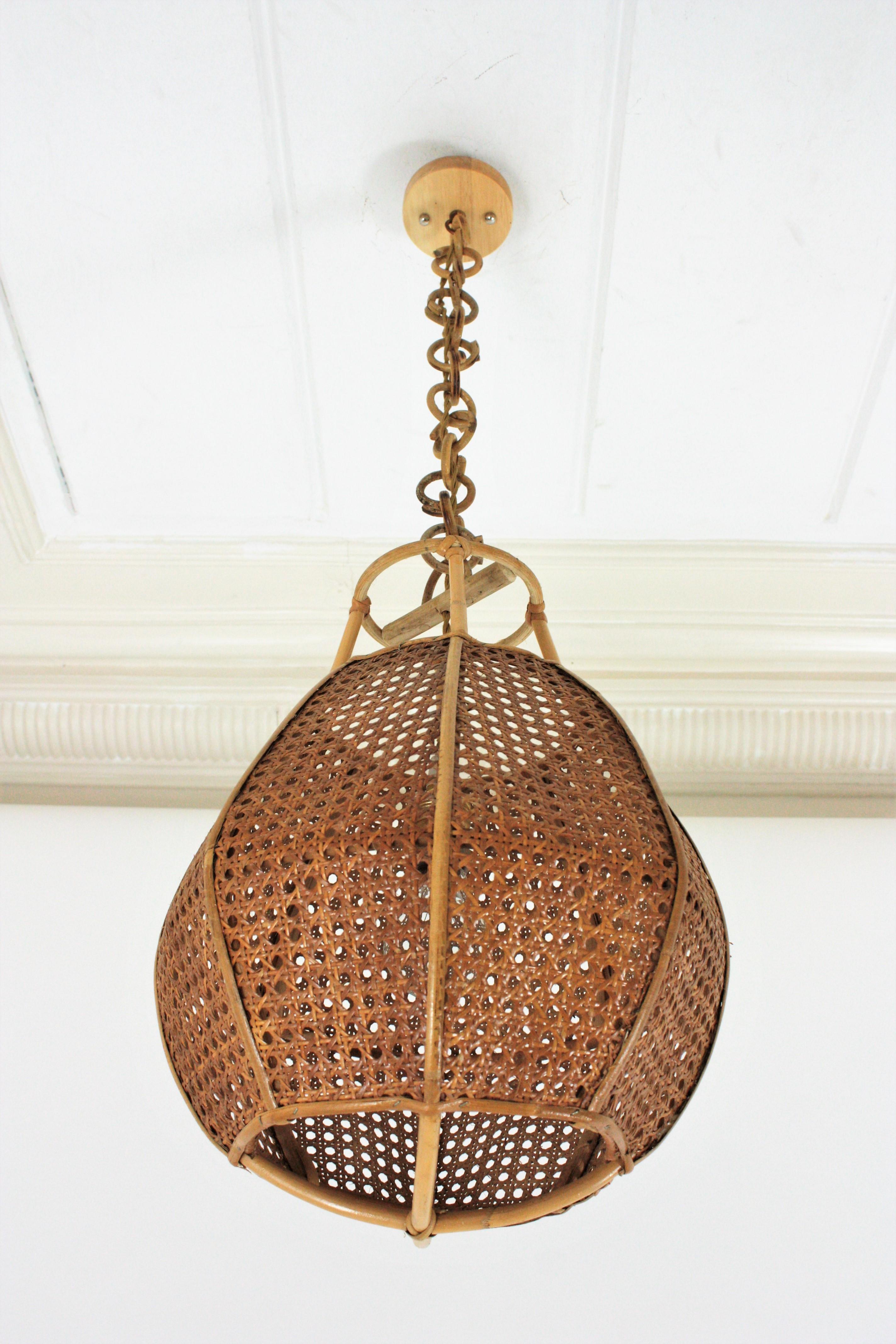 20th Century Italian Modernist Wicker Wire Rattan Globe Pendant Hanging Light