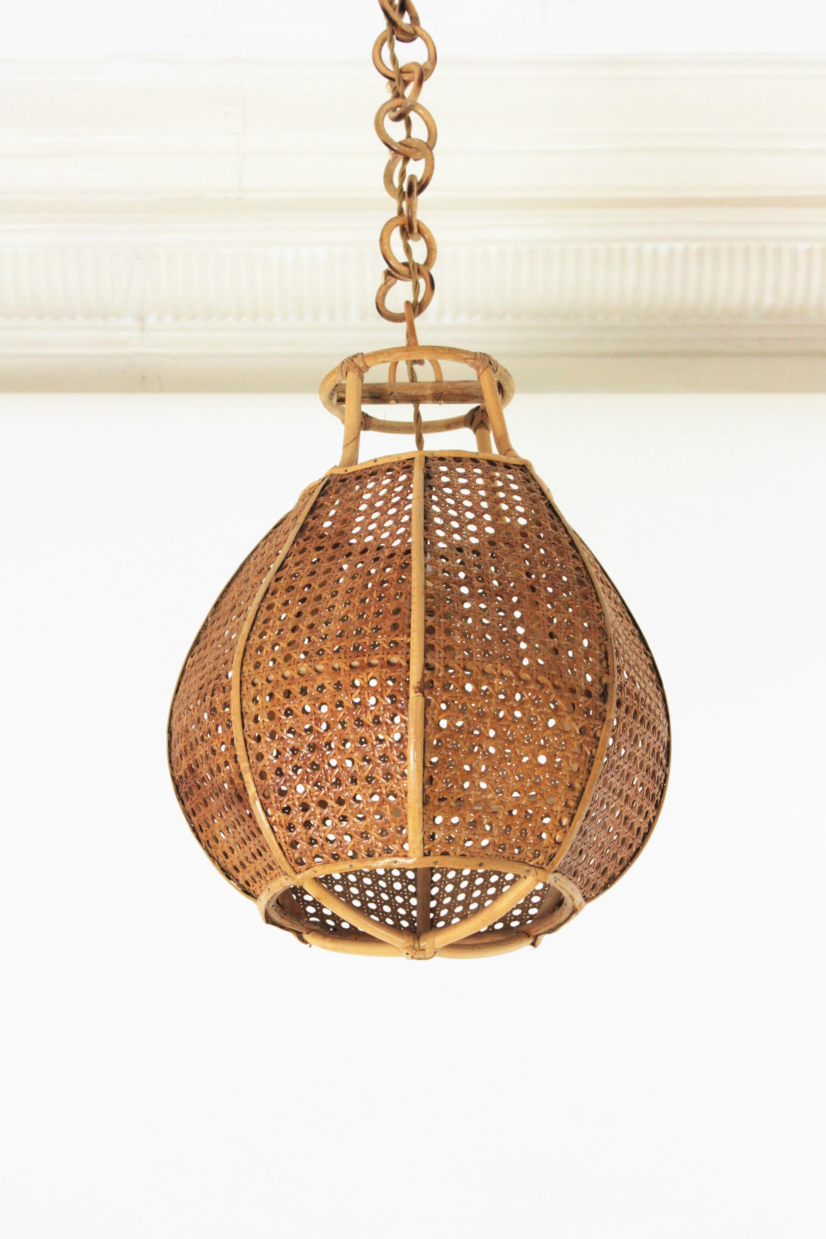 Italian Modernist Wicker Wire Rattan Globe Pendant Hanging Light For Sale 1