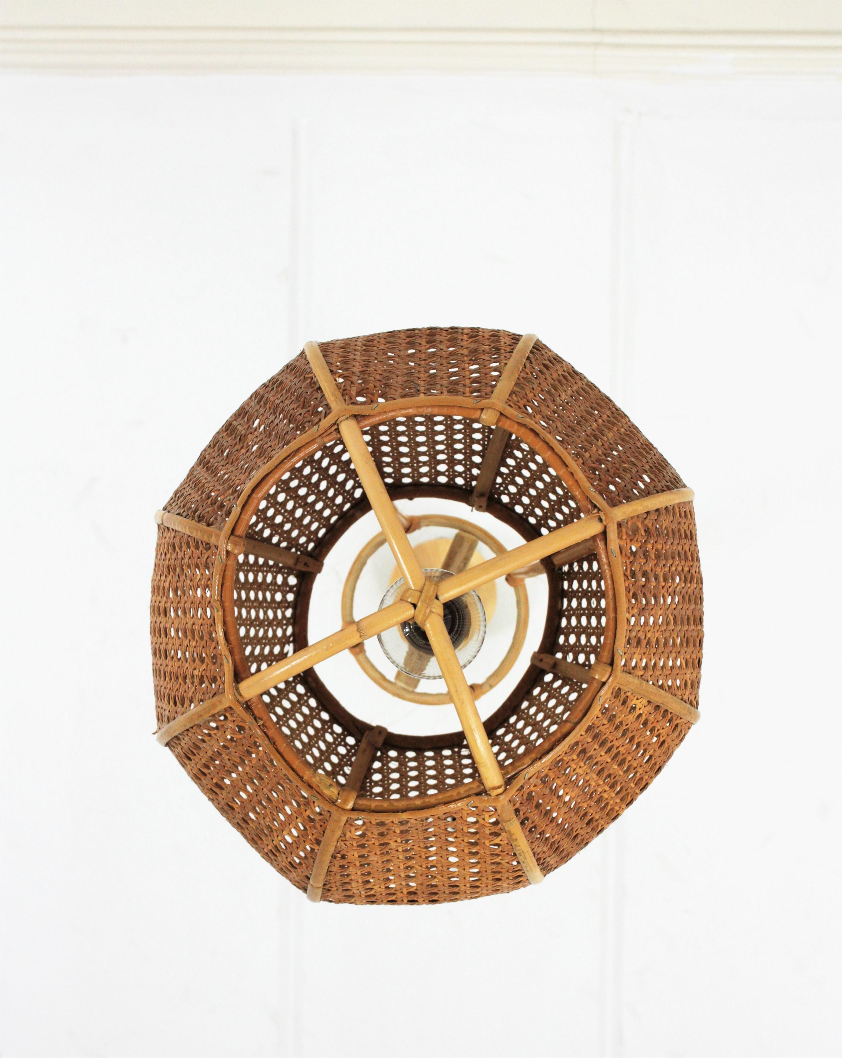 Italian Modernist Wicker Wire Rattan Globe Pendant Hanging Light 1