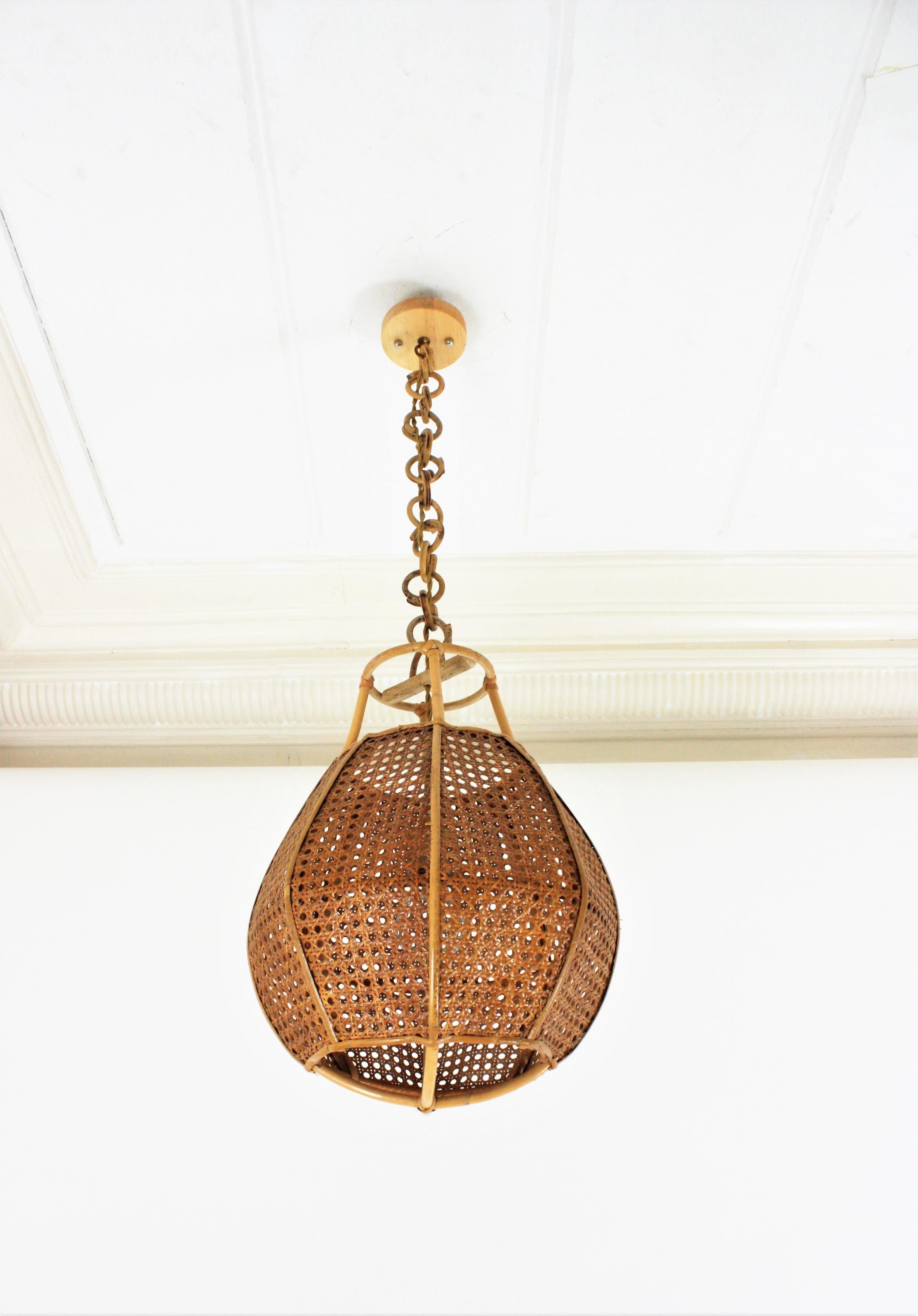 Italian Modernist Wicker Wire Rattan Globe Pendant Hanging Light 2