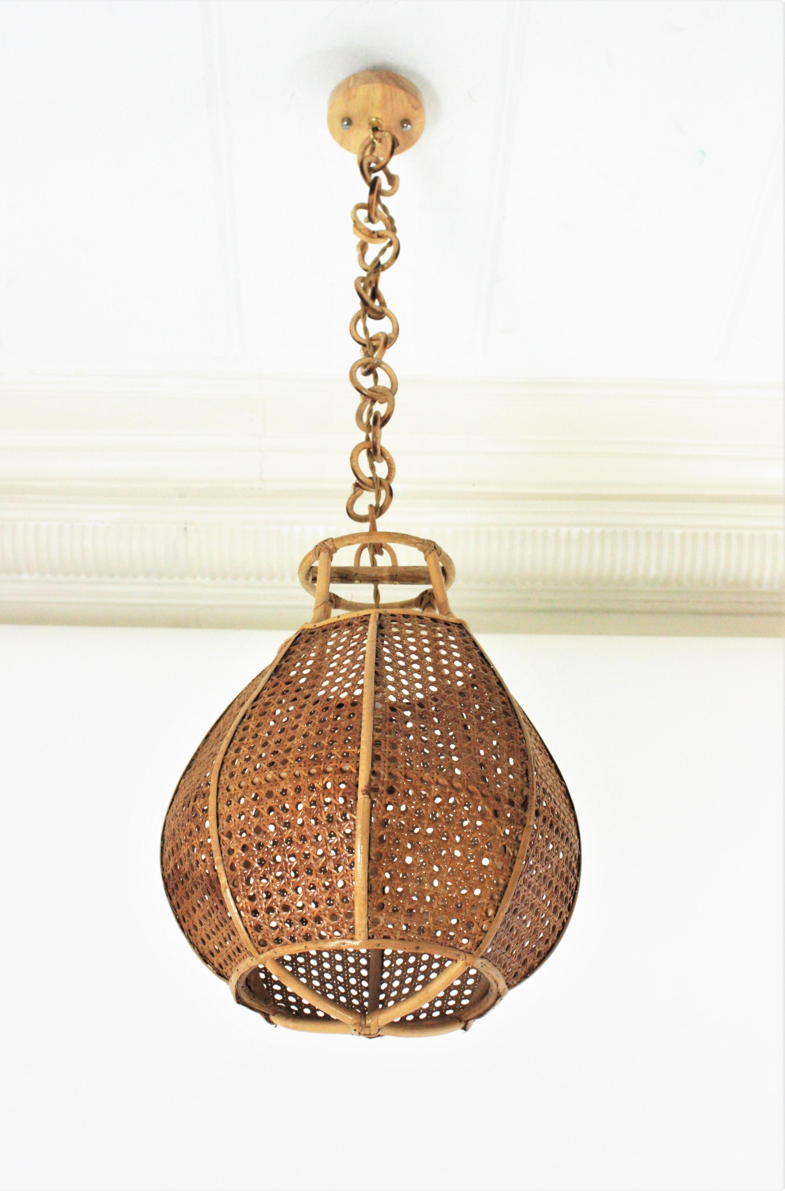 Italian Modernist Wicker Wire Rattan Globe Pendant Hanging Light For Sale 2
