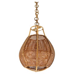 Vintage Italian Modernist Wicker Wire Rattan Globe Pendant Hanging Light