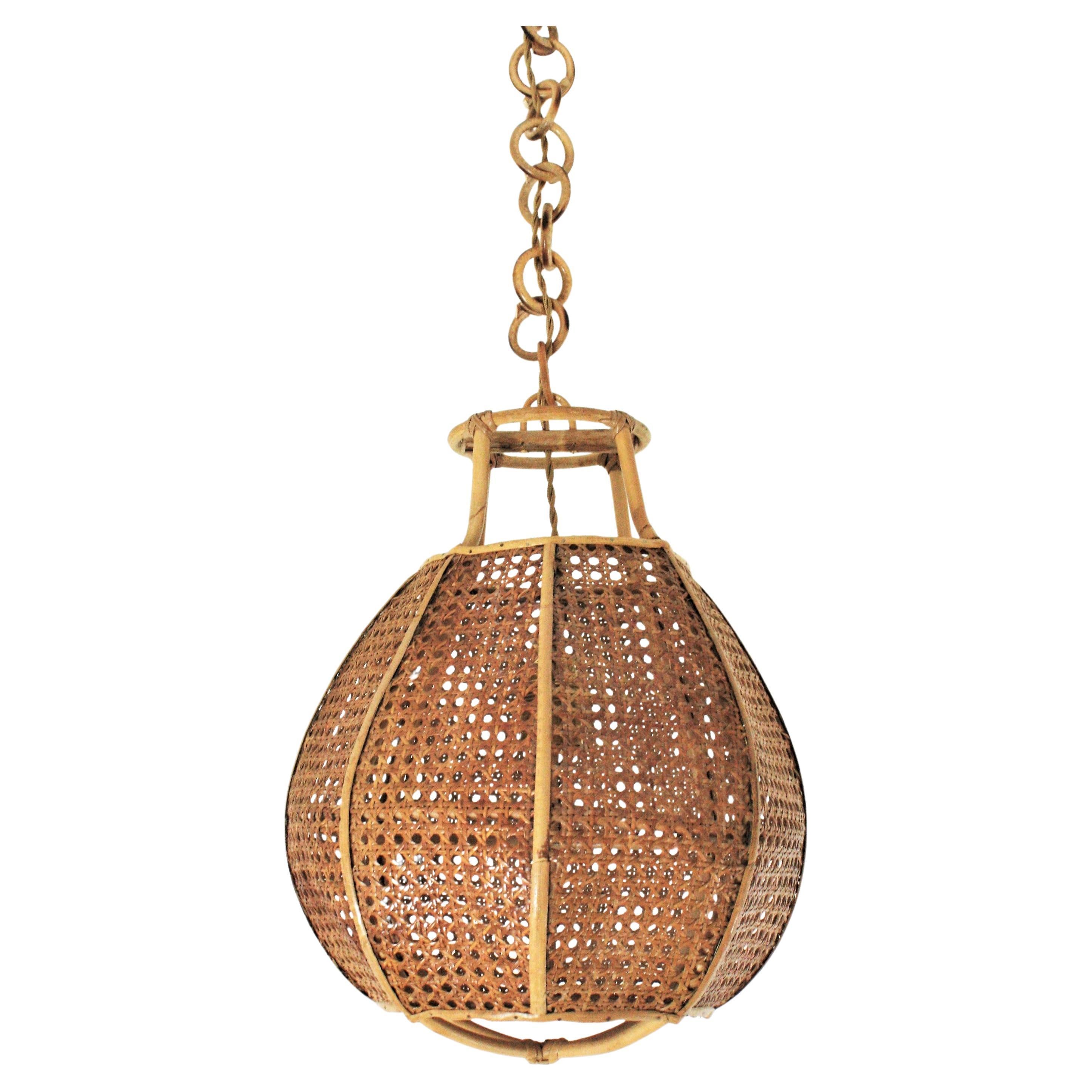 Italian Modernist Wicker Wire Rattan Globe Pendant Hanging Light For Sale