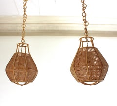 Italian Modernist Wicker Wire Rattan Globe Pendants / Hanging Lights, Pair
