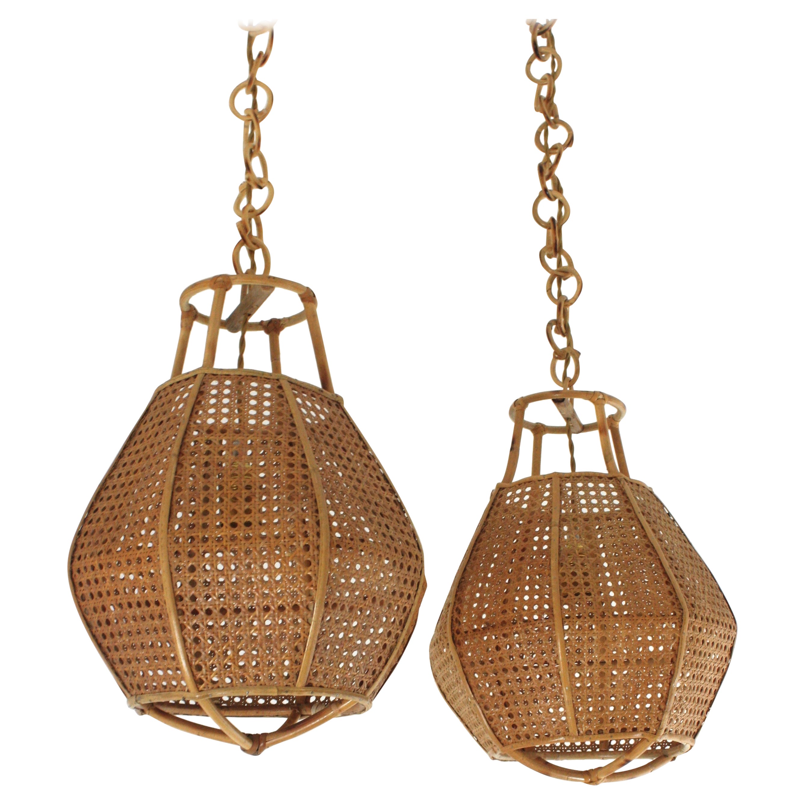 Italian Modernist Wicker Wire Rattan Globe Pendants / Hanging Lights, Pair