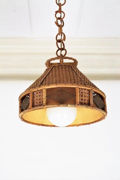 Italian Modernist Wicker Wire & Rattan Pendant Hanging Light with Glass Accents