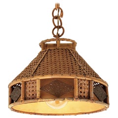 Retro Italian Modernist Wicker Wire & Rattan Pendant Hanging Light with Glass Accents