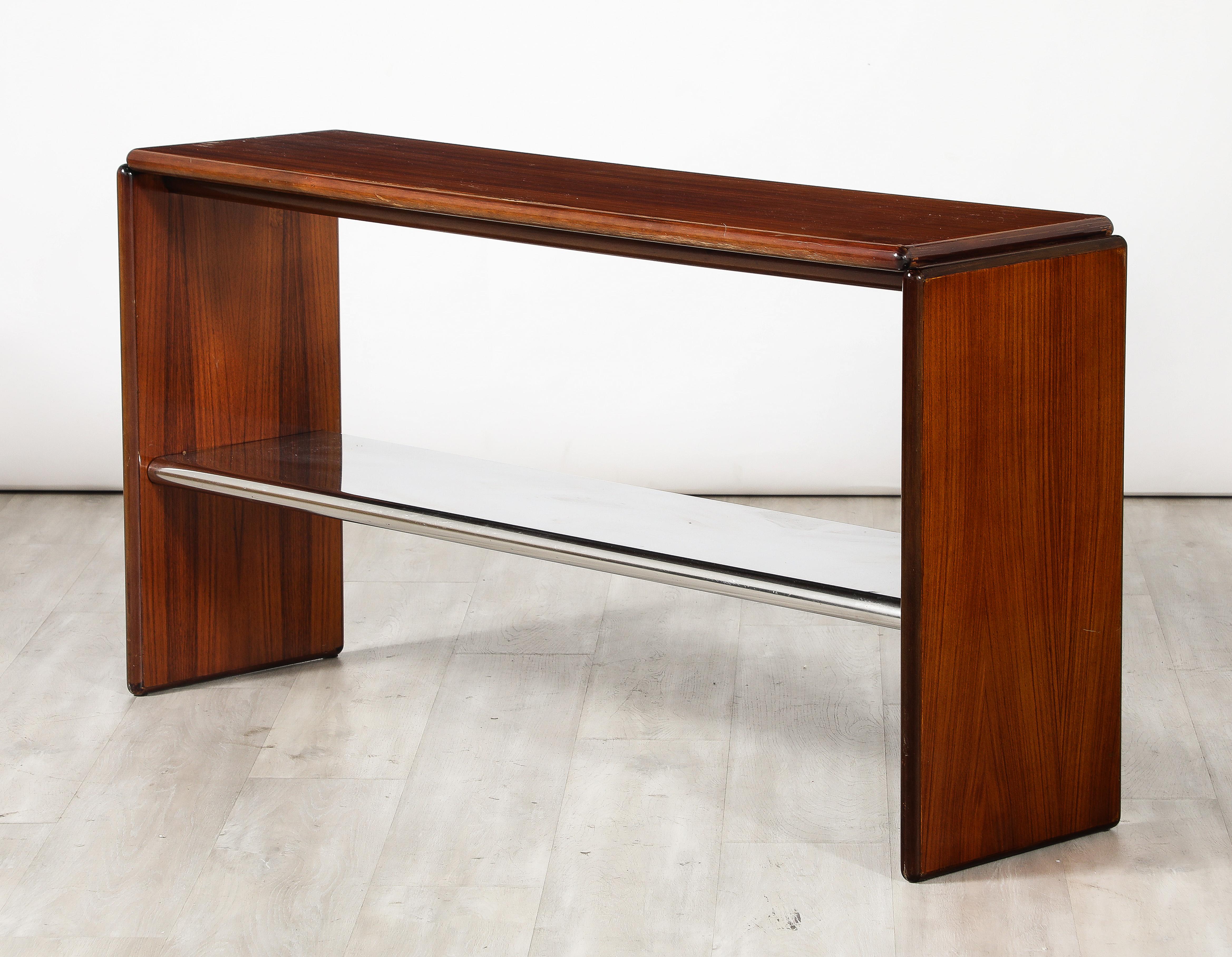 Mid-Century Modern Table console moderniste italienne en bois et chrome, Italie, vers 1960 en vente