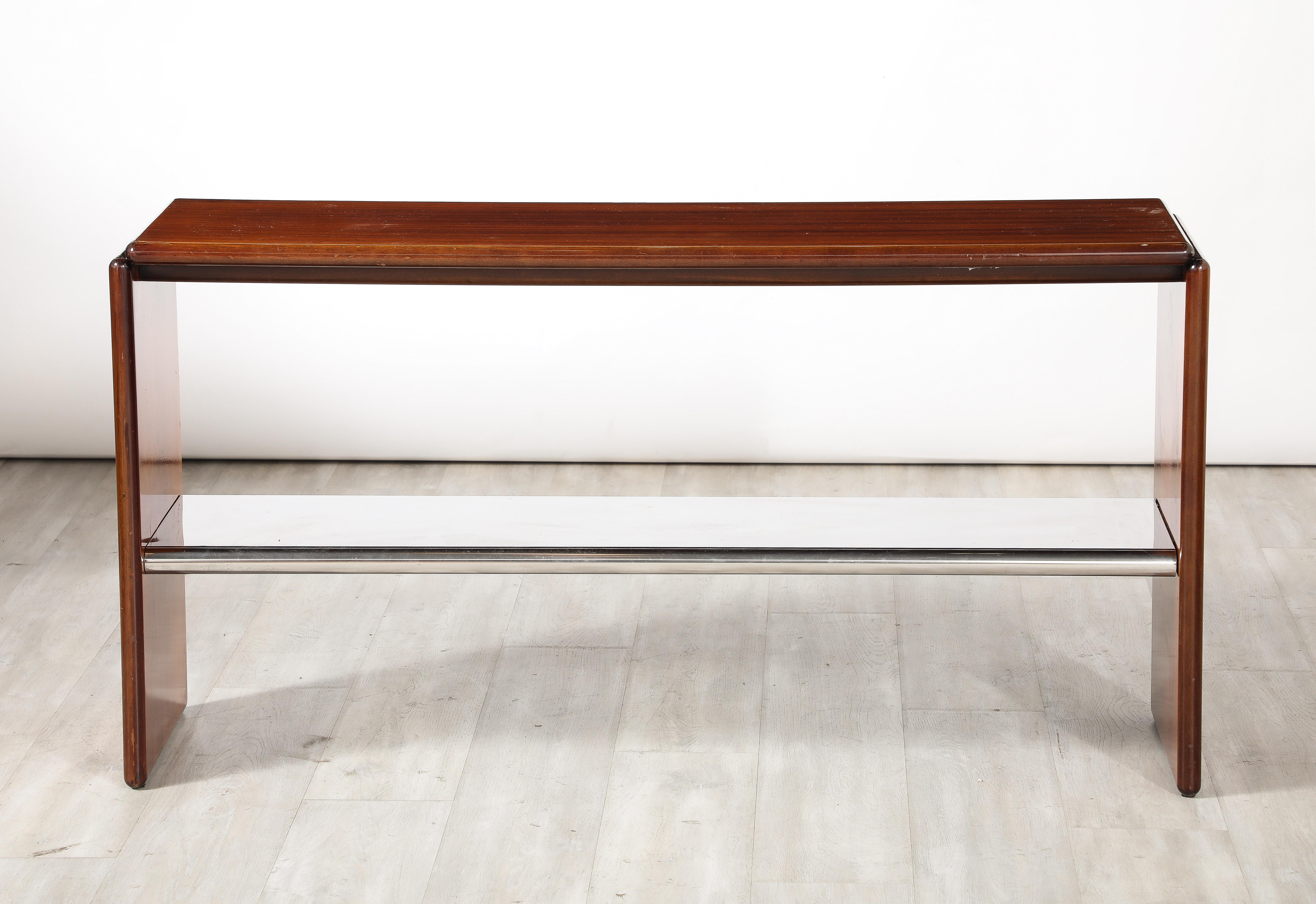 Milieu du XXe siècle Table console moderniste italienne en bois et chrome, Italie, vers 1960 en vente