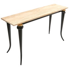 Italian Modernist Wrought Iron Console Table with Travertine Top, circa 1970