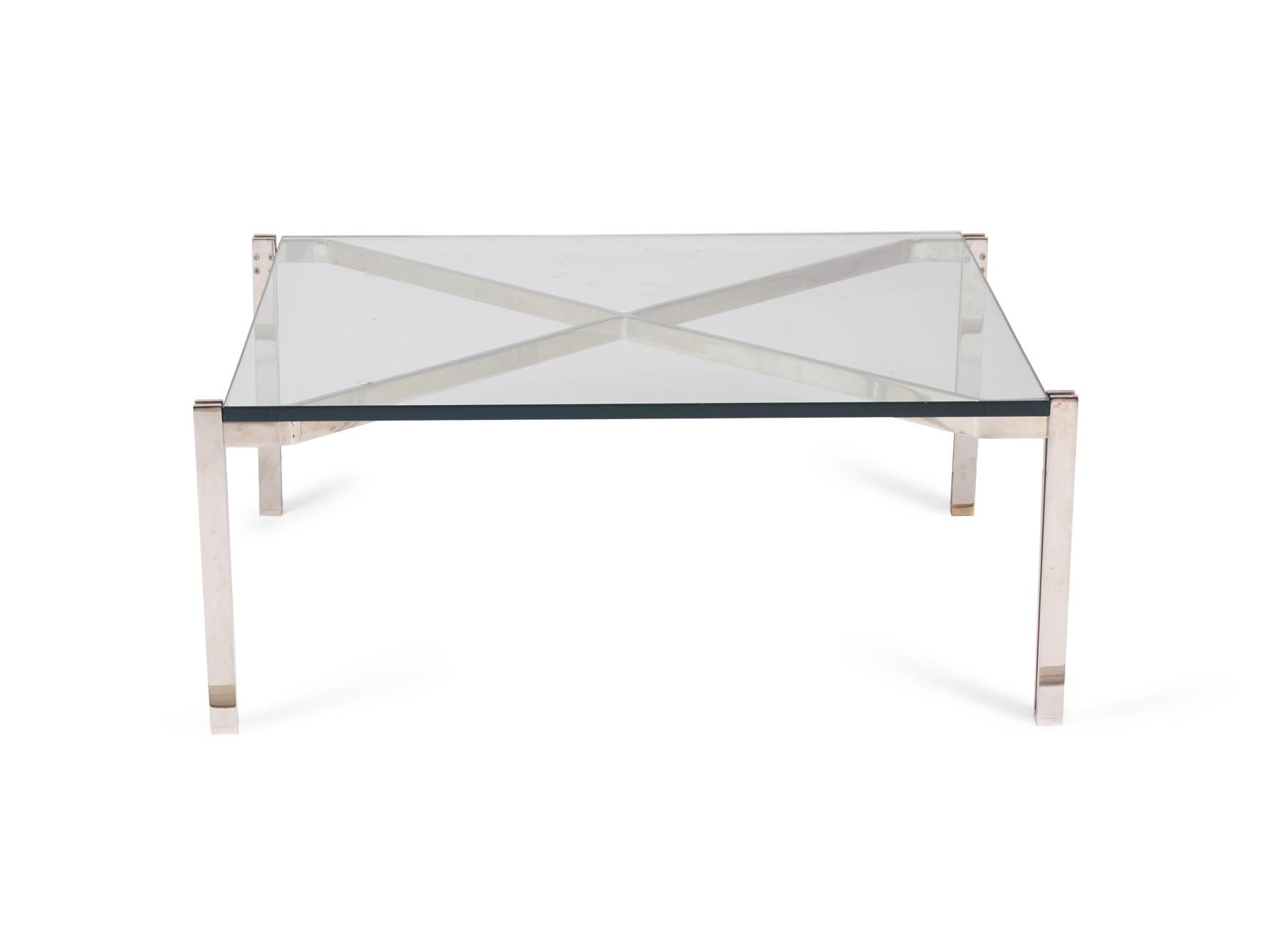 20th Century Italian Modernist 'X' Frame Steel and Glass Coffee Table 'Manner of B&B Italia' For Sale