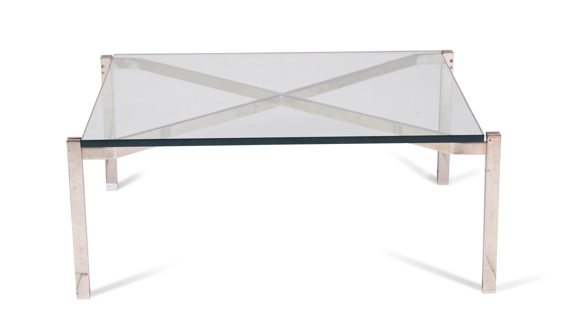 Italian Modernist 'X' Frame Steel and Glass Coffee Table 'Manner of B&B Italia' For Sale 2