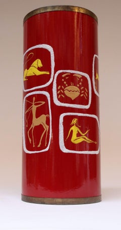 Italian Modernist "Zodiac" Red Umbrella Stand in Enamel and Brass by SIVA
