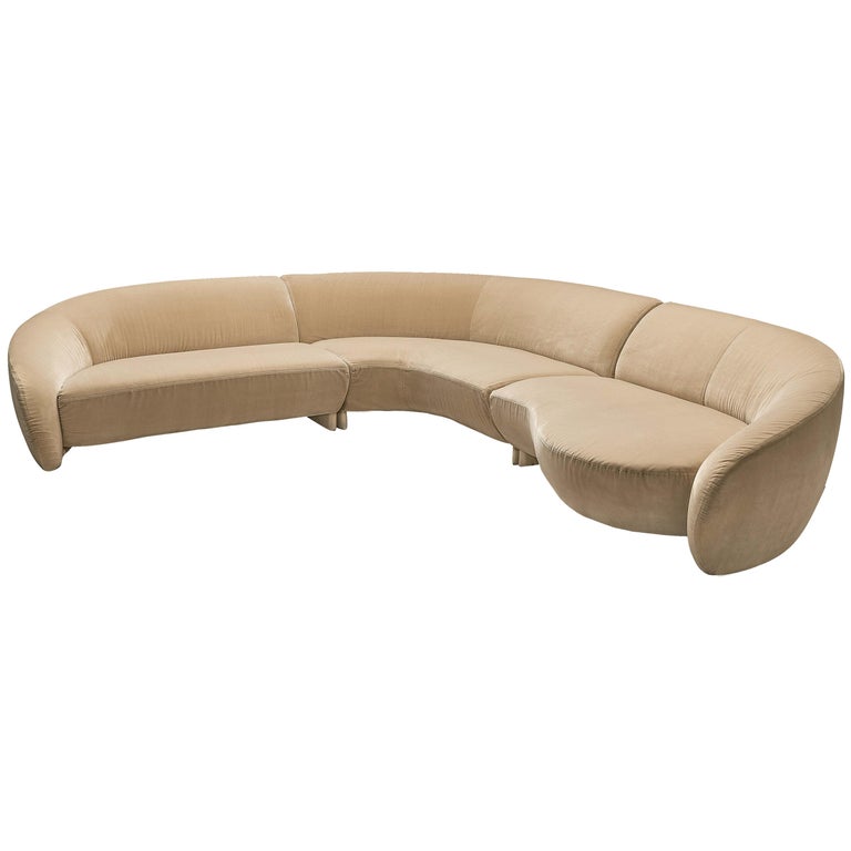 Italian Modular Corner Sofa in Beige Velour Upholstery For Sale at 1stDibs