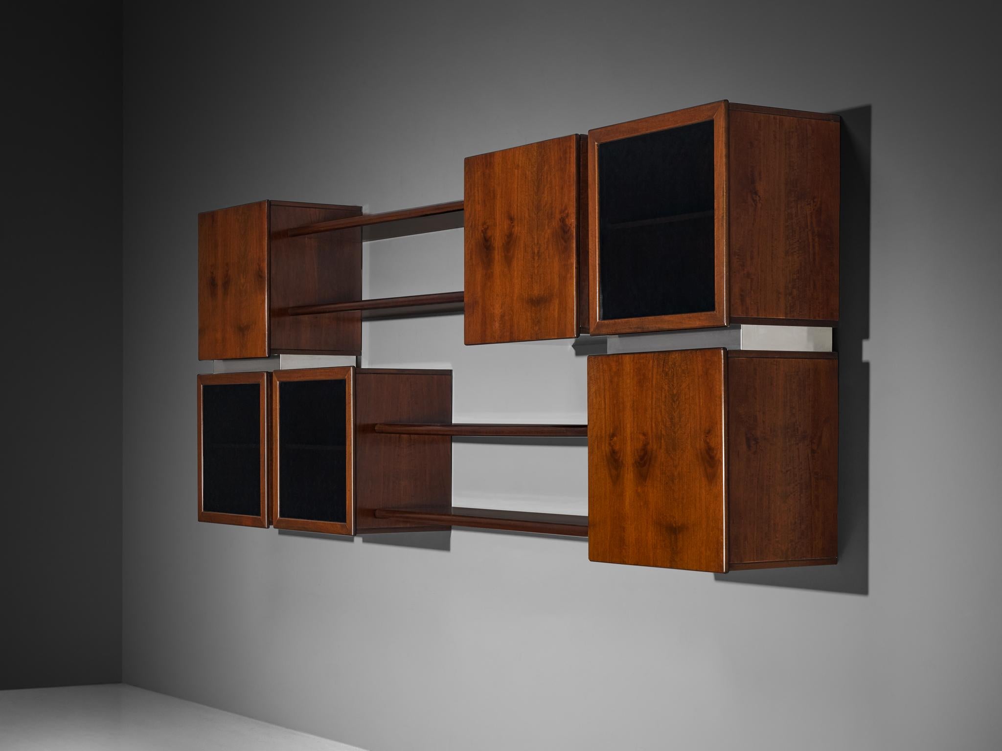 Mid-Century Modern Italian Modular Shelving Wall Unit with Cabinets in Walnut Stainless Steel For Sale