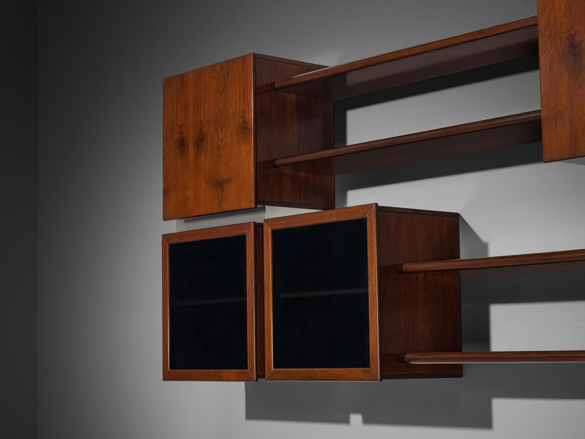 Late 20th Century Italian Modular Shelving Wall Unit with Cabinets in Walnut Stainless Steel For Sale