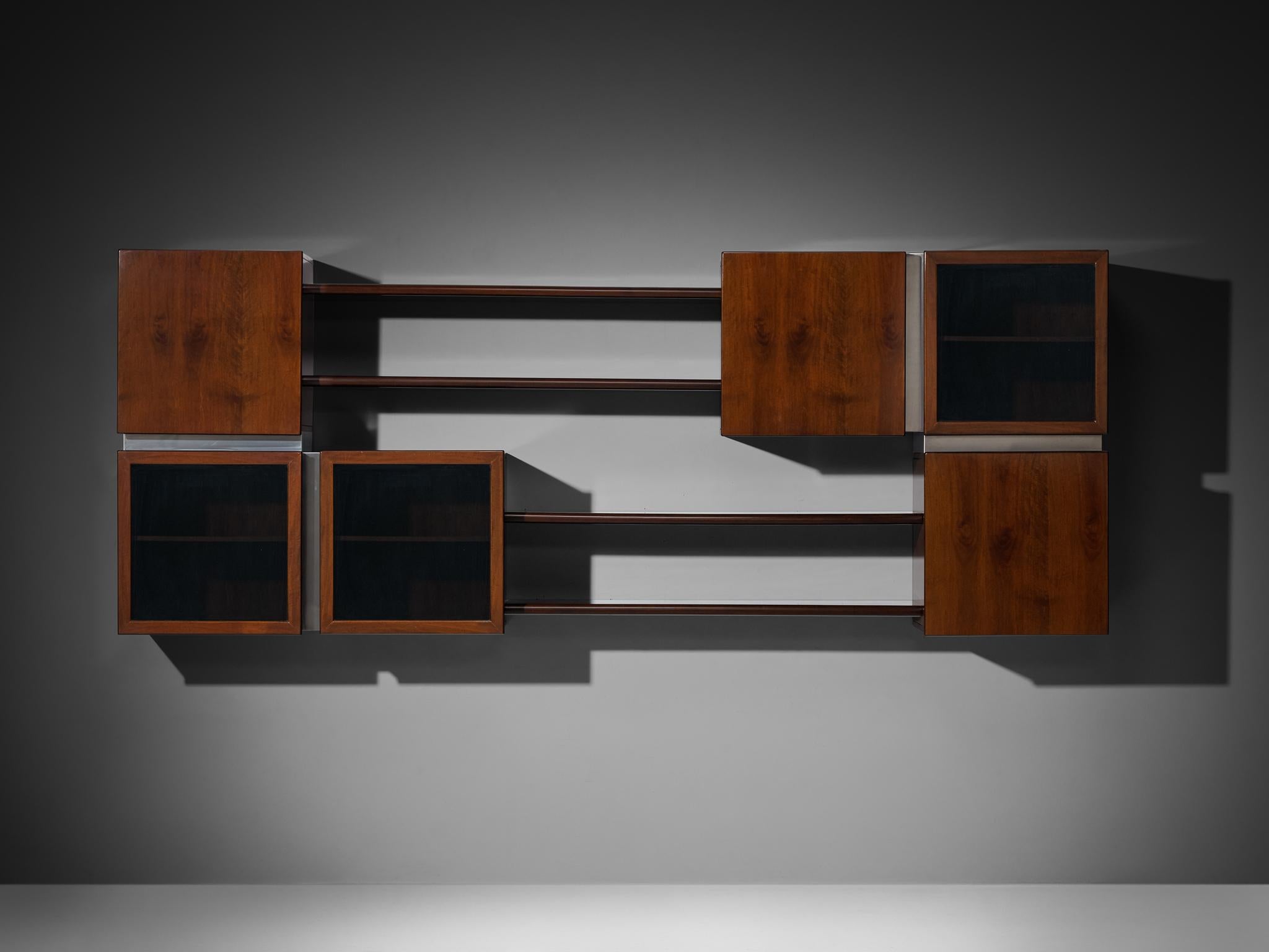 Italian Modular Shelving Wall Unit with Cabinets in Walnut Stainless Steel For Sale 1