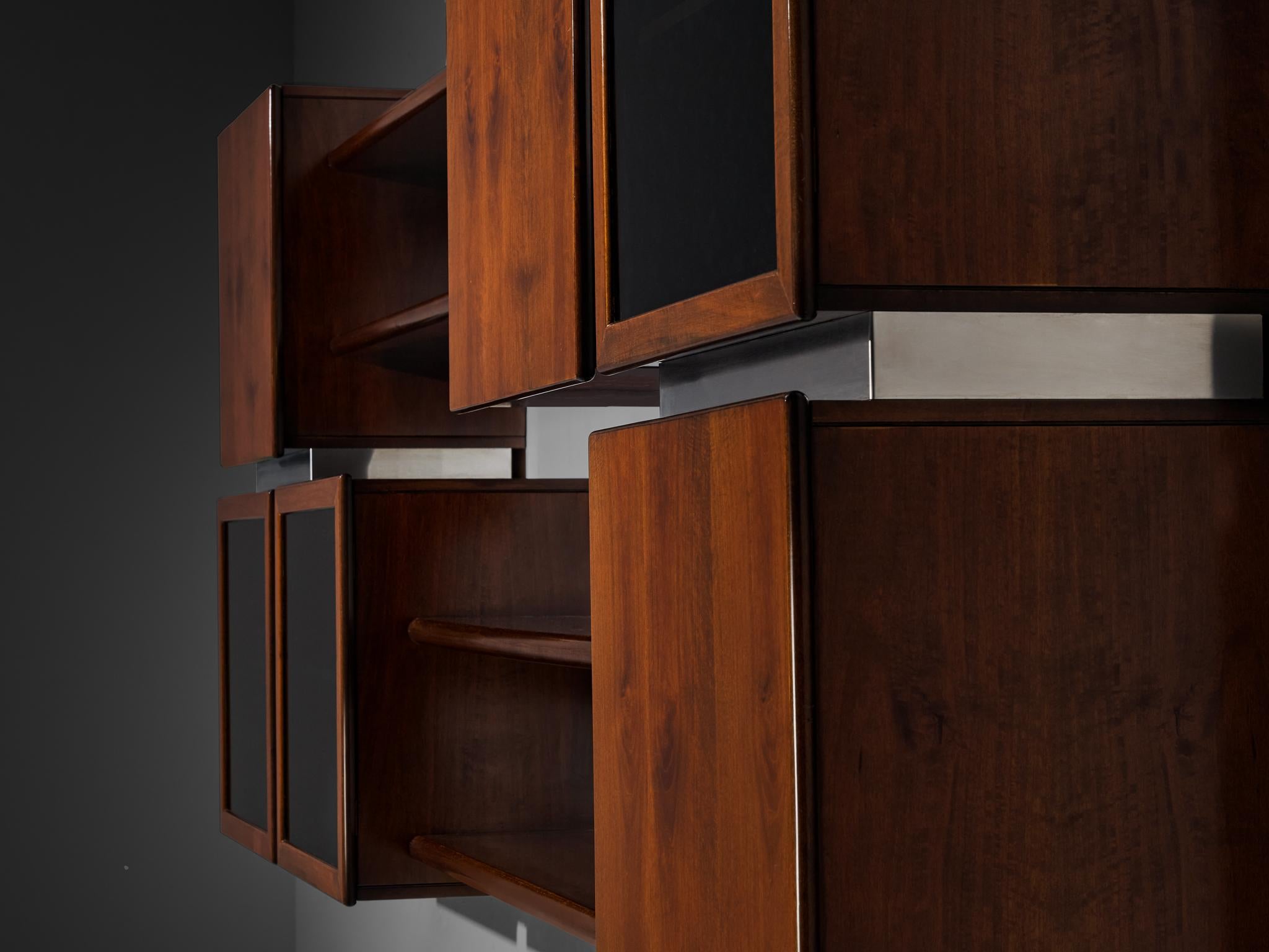 Italian Modular Shelving Wall Unit with Cabinets in Walnut Stainless Steel For Sale 2