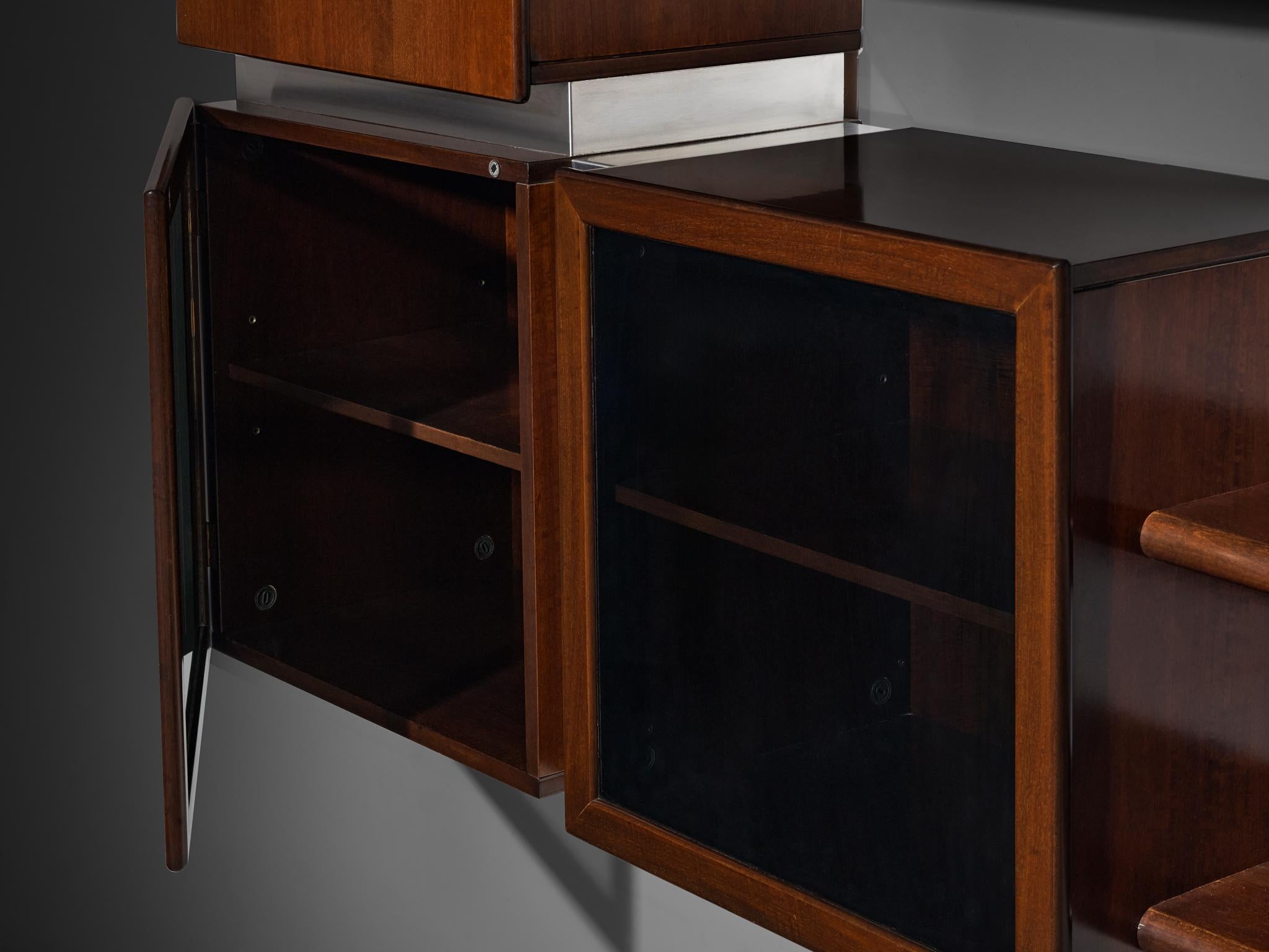 Italian Modular Shelving Wall Unit with Cabinets in Walnut Stainless Steel For Sale 3