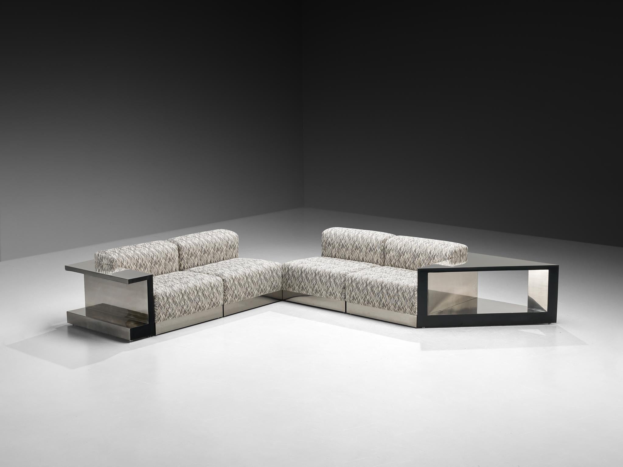 Italian Modular Sofa in Metal and Patterned Grey Fabric In Good Condition For Sale In Waalwijk, NL