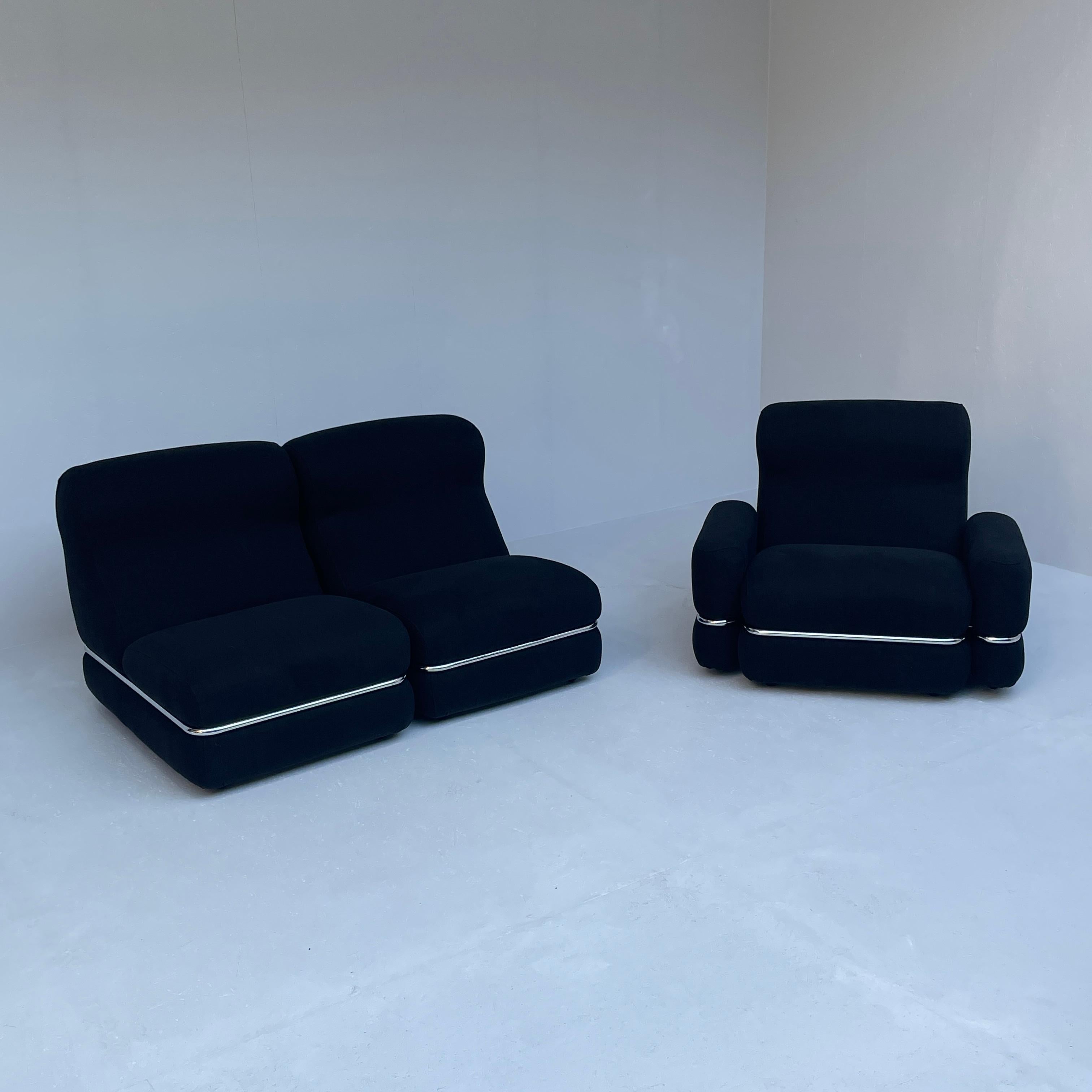Italian Modular Sofa in Reupholstered Dark Blue Linnen 5