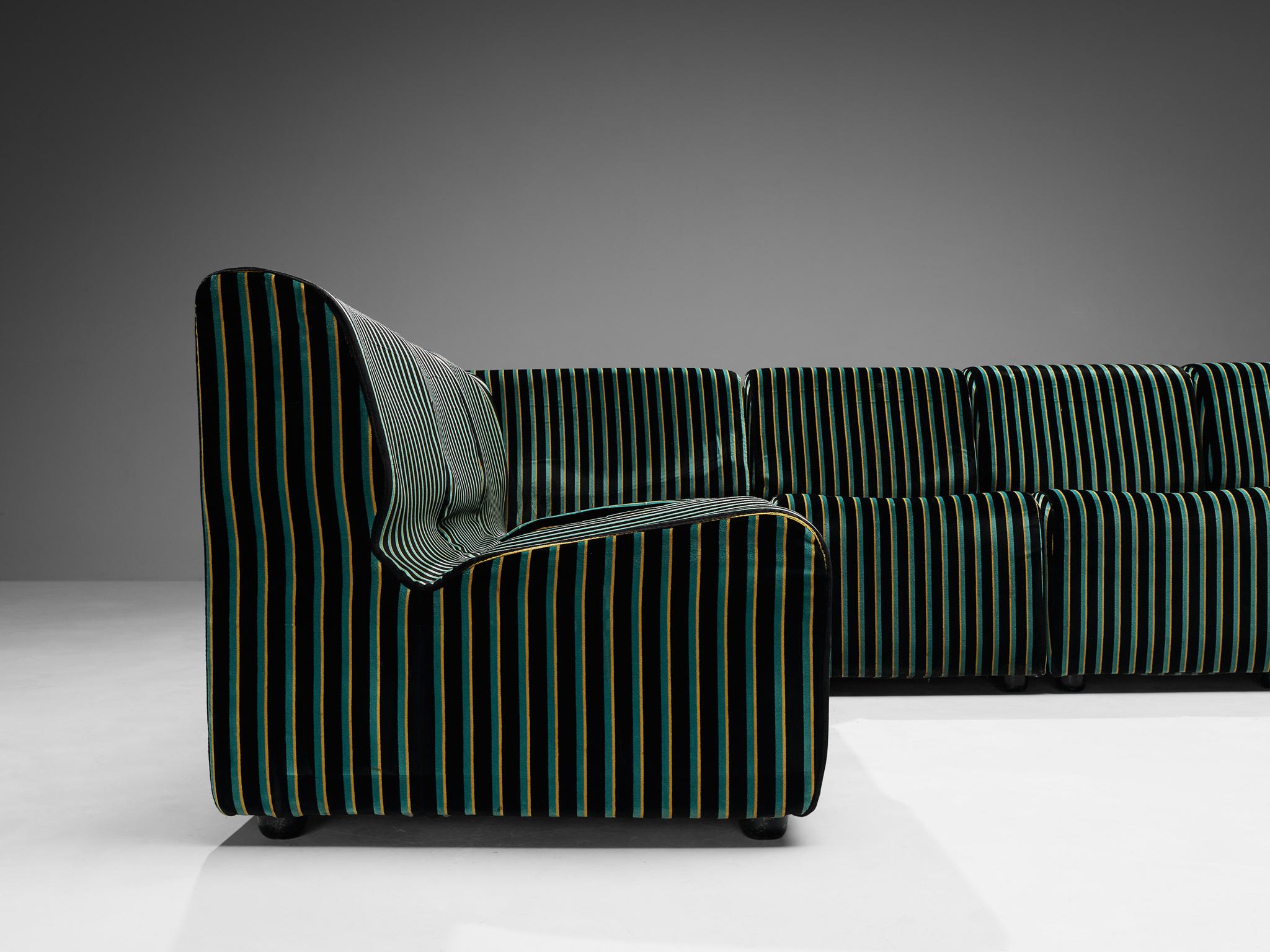 Fabric Italian Modular Sofa in Striped Green Upholstery For Sale